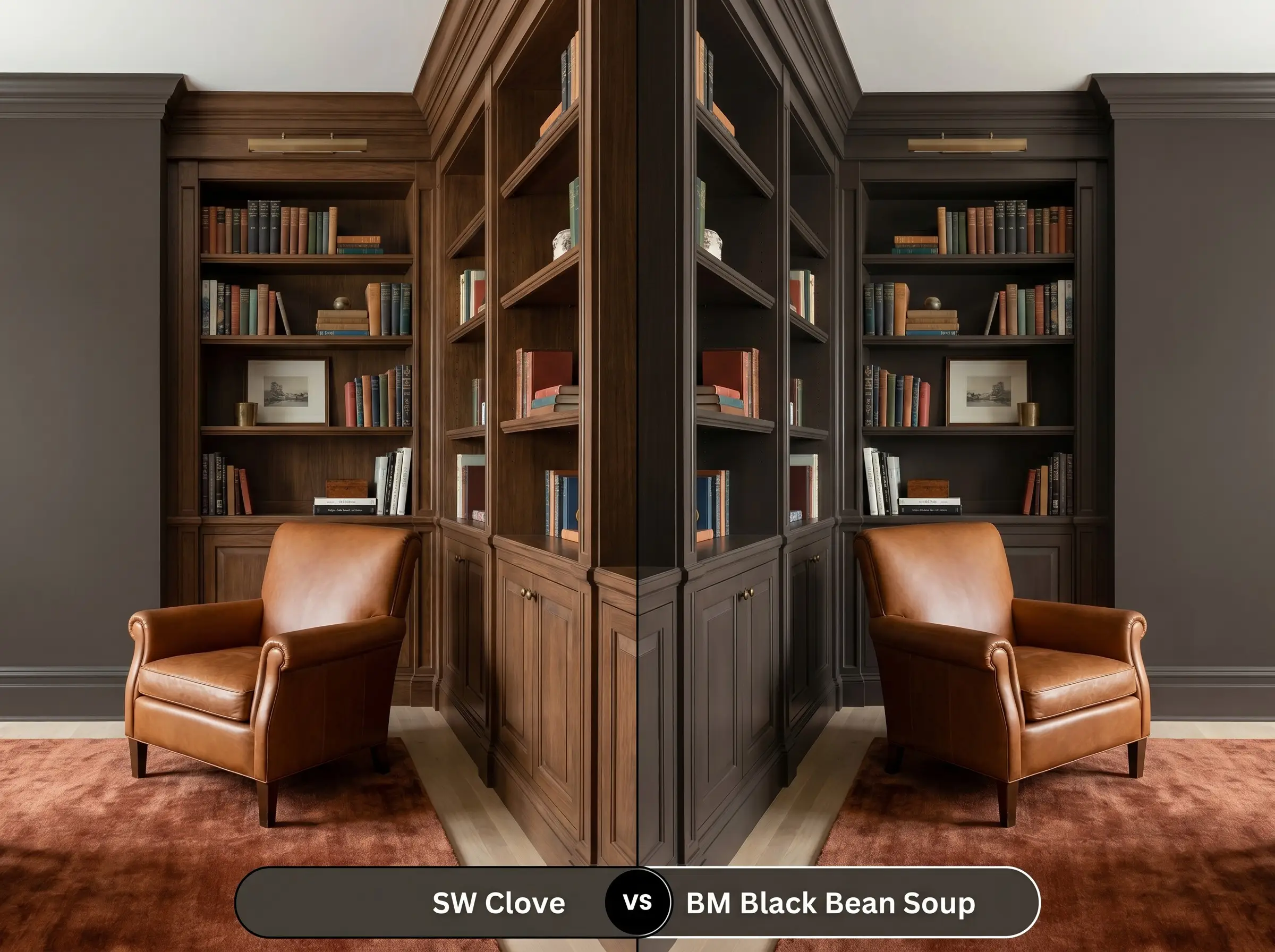 A side-by-side split-screen comparison of Sherwin-Williams Clove on the left and Benjamin Moore Black Bean Soup on the right, shown in a traditional heritage library featuring a cognac leather reading chair.