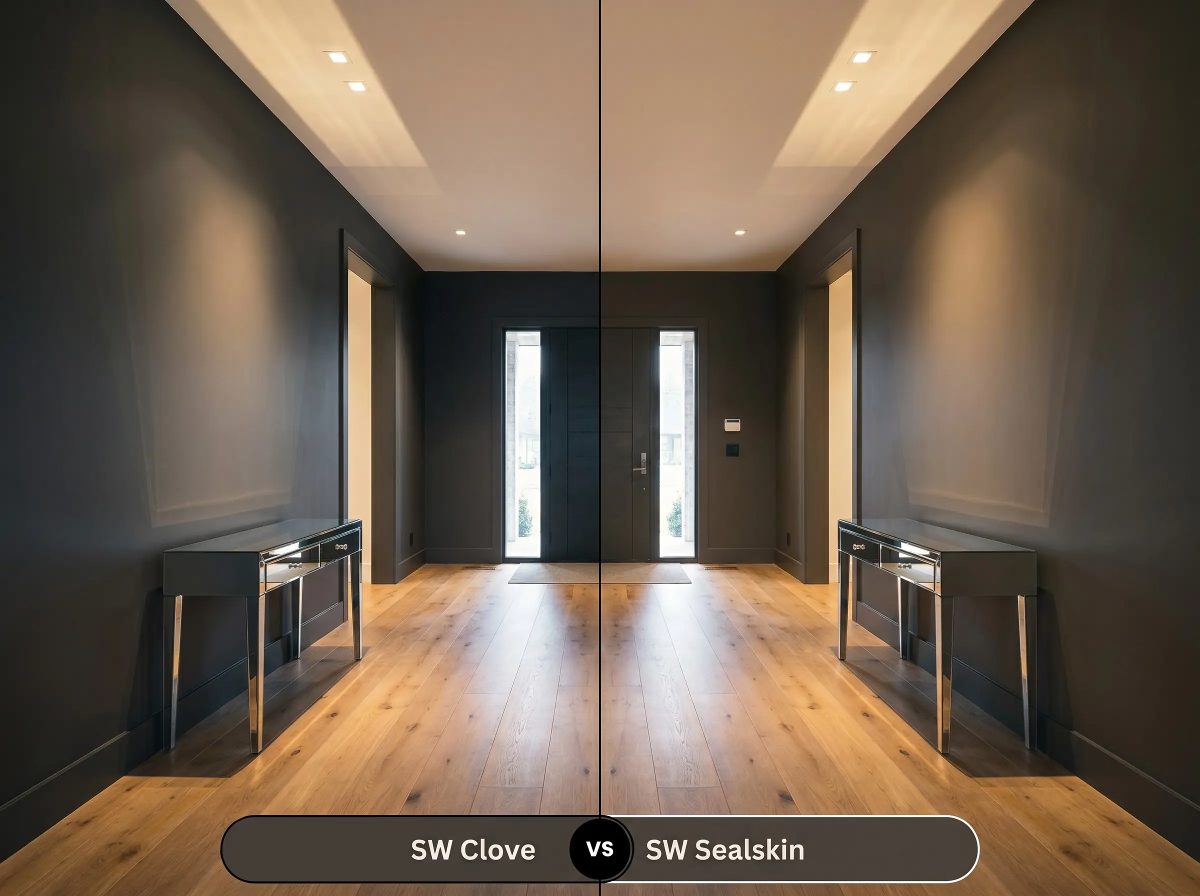 A side-by-side split-screen comparison of Sherwin-Williams Clove on the left and Sherwin-Williams Sealskin on the right, shown in a contemporary entryway featuring a sleek console table and wide-plank oak flooring.
