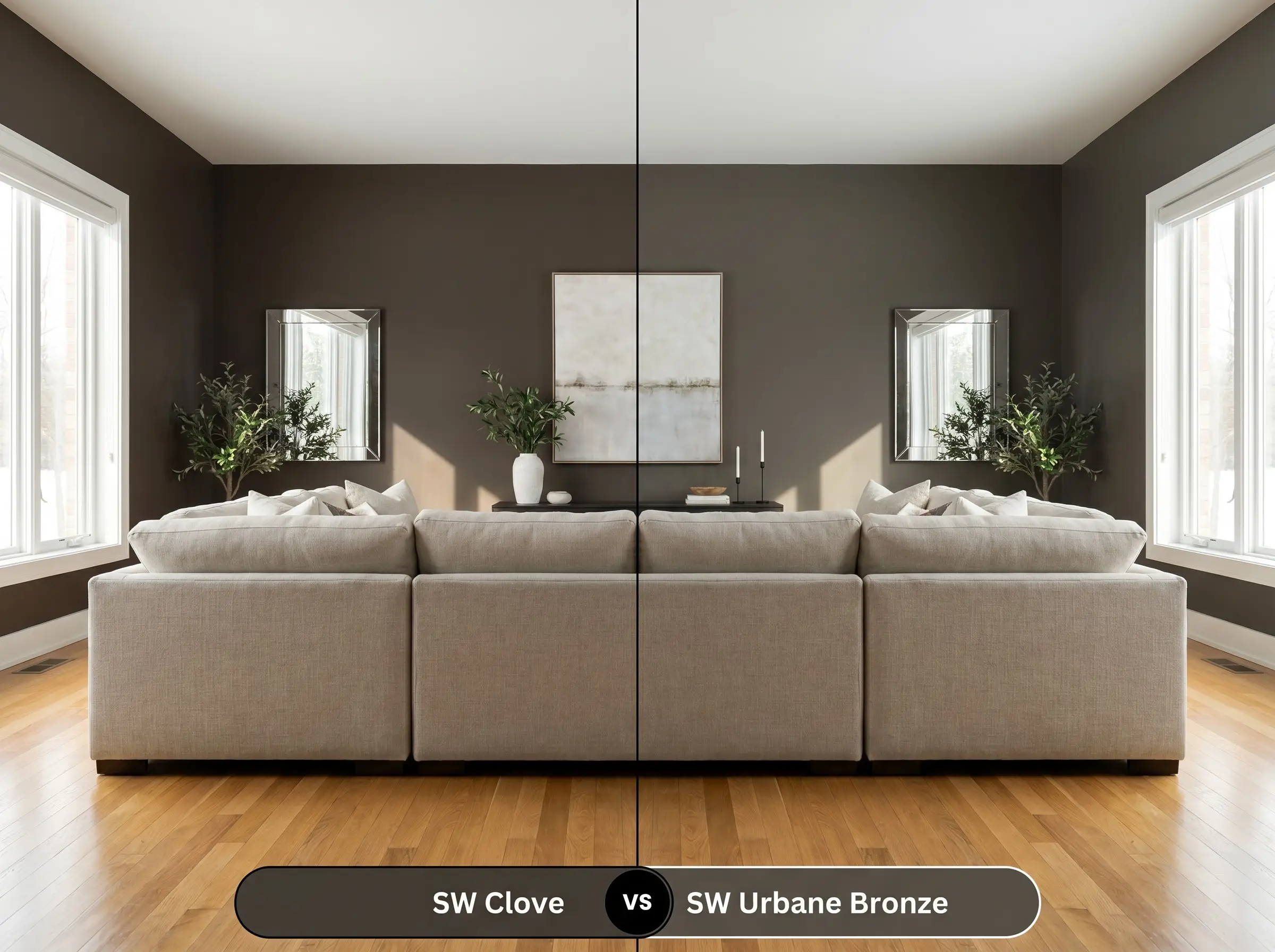 A side-by-side split-screen comparison of Sherwin-Williams Clove on the left and Sherwin-Williams Urbane Bronze on the right, shown in a modern transitional living room featuring a neutral linen sofa.