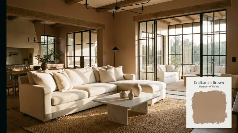 A contemporary rustic living space opening into a seamless sunroom features walls painted in Sherwin-Williams Craftsman Brown (Hex #AE9278), a light cream linen sectional, and a honed marble coffee table.