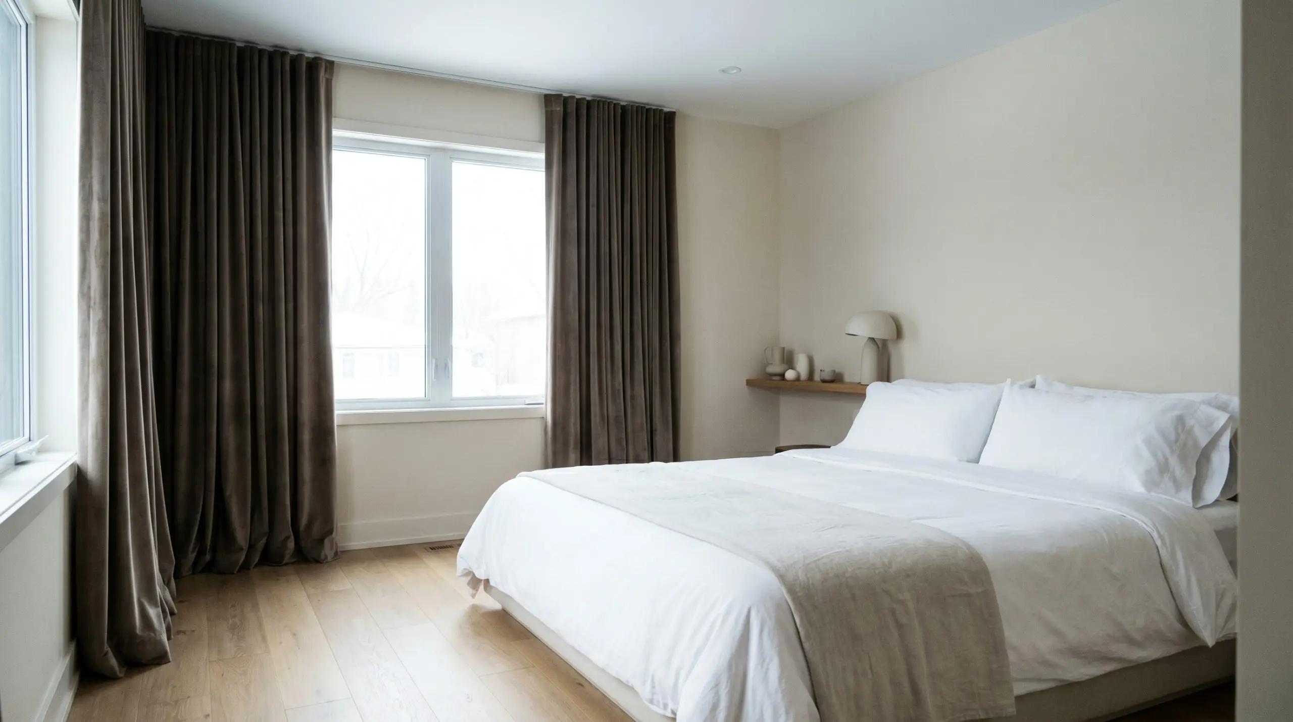 Heavy velvet drapery frames a bed dressed in crisp white percale sheets within a restful bedroom painted in Sherwin-Williams Creamy (Hex #EFE8DB).