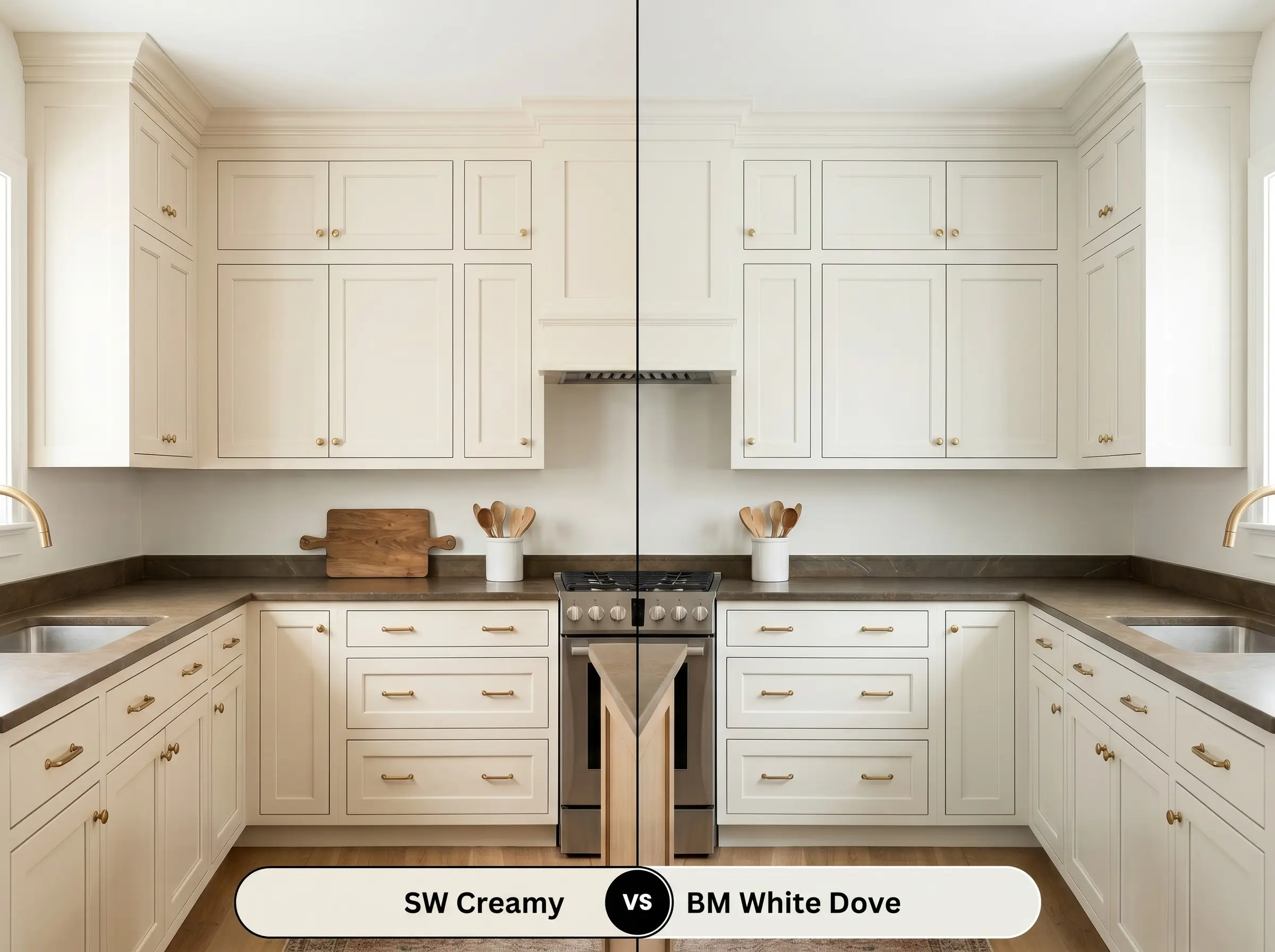 A side-by-side split-screen comparison of Sherwin-Williams Creamy on the left and Benjamin Moore White Dove on the right, shown in a transitional kitchen featuring warm soapstone countertops.