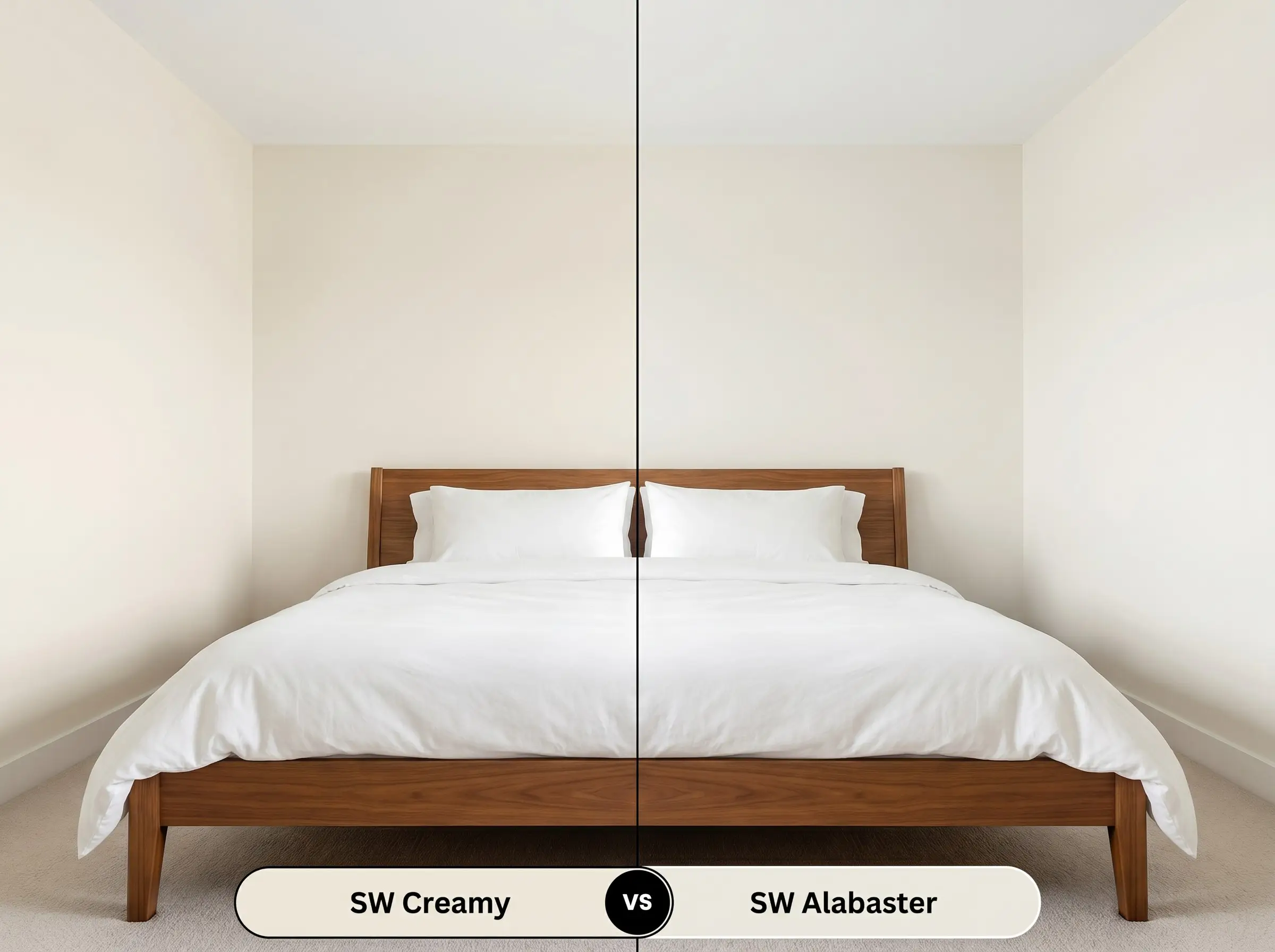 A side-by-side split-screen comparison of Sherwin-Williams Creamy on the left and Sherwin-Williams Alabaster on the right, shown in a minimalist bedroom featuring a warm wood bed frame.
