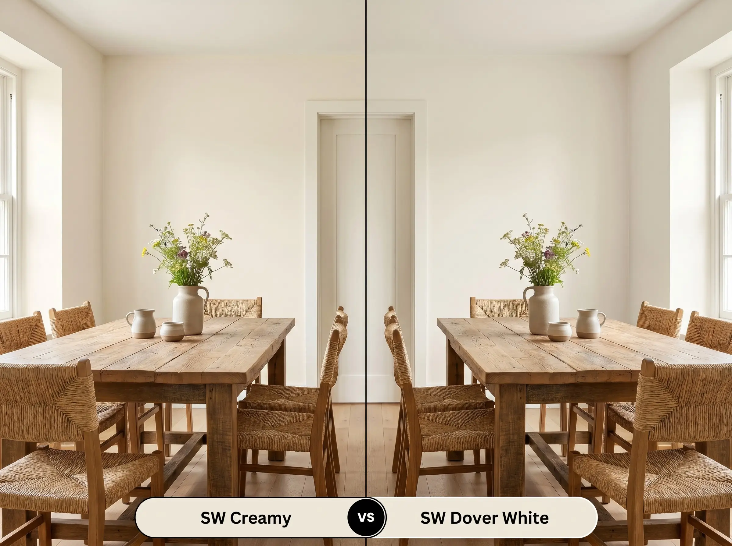 A side-by-side split-screen comparison of Sherwin-Williams Creamy on the left and Sherwin-Williams Dover White on the right, shown in a sun-drenched dining room with a reclaimed wood table.