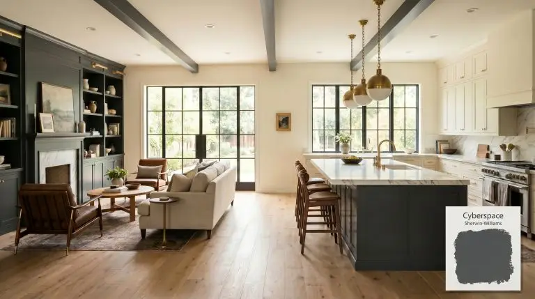 A sprawling kitchen island and living room bookcases painted in Sherwin-Williams Cyberspace (Hex #44484D) contrast against creamy white perimeter cabinets and walnut mid-century seating.
