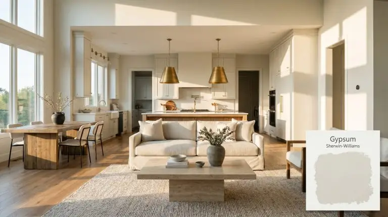 An expansive open-concept living room and kitchen features cabinetry painted in Sherwin-Williams Gypsum (Hex #EAEBE7), a honed travertine plinth coffee table, and unlacquered brass pendant lights.