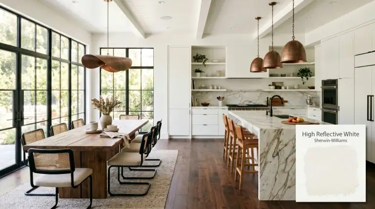 A breathtaking open-concept kitchen features flat-panel cabinets painted in Sherwin-Williams High Reflective White (Hex #F7F7F1), a reclaimed walnut dining table, and aged copper pendant lights.