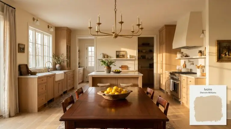 A European countryside kitchen features raw white oak flooring, a rich mahogany dining table, and walls painted in Sherwin-Williams Ivoire (Hex #E4CEAC).