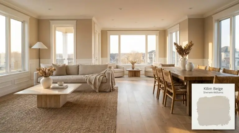 An expansive open-concept living space painted in Sherwin-Williams Kilim Beige (Hex #D7C5AE) features a honed travertine coffee table and slipcovered heavy washed linen sofa.