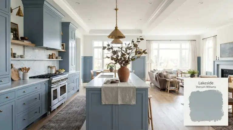 An expansive open-plan transitional kitchen and living space features extensive built-in cabinetry and wainscoting painted in Sherwin-Williams Lakeside (Hex #ADB8C0), highlighting the paint's cyan micro-nuance.