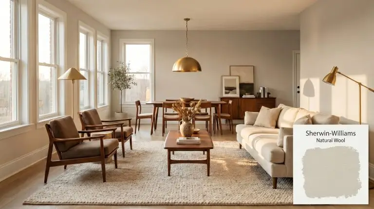 Mid-century walnut furniture and a cream wool rug sit within an open-concept living space painted in Sherwin-Williams Natural Wool (Hex #D7C9AE) with crisp white architectural trim.