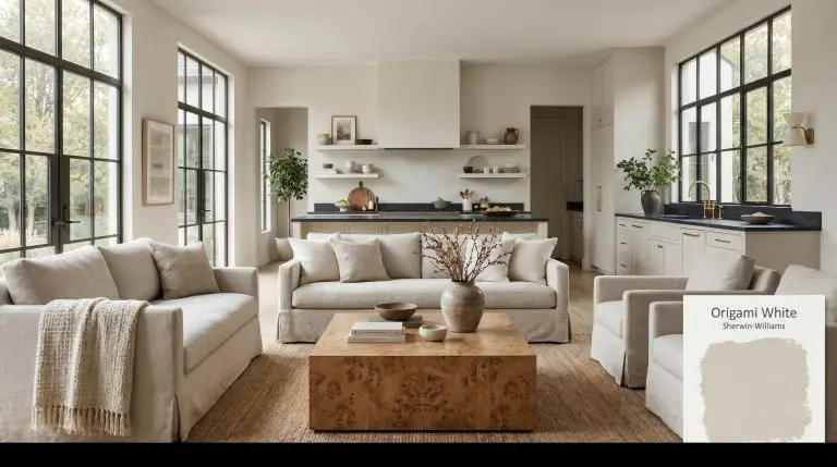 A monolithic burled wood coffee table and washed linen seating anchor an open-concept living space painted in Sherwin-Williams Origami White (Hex #E5E2DA).