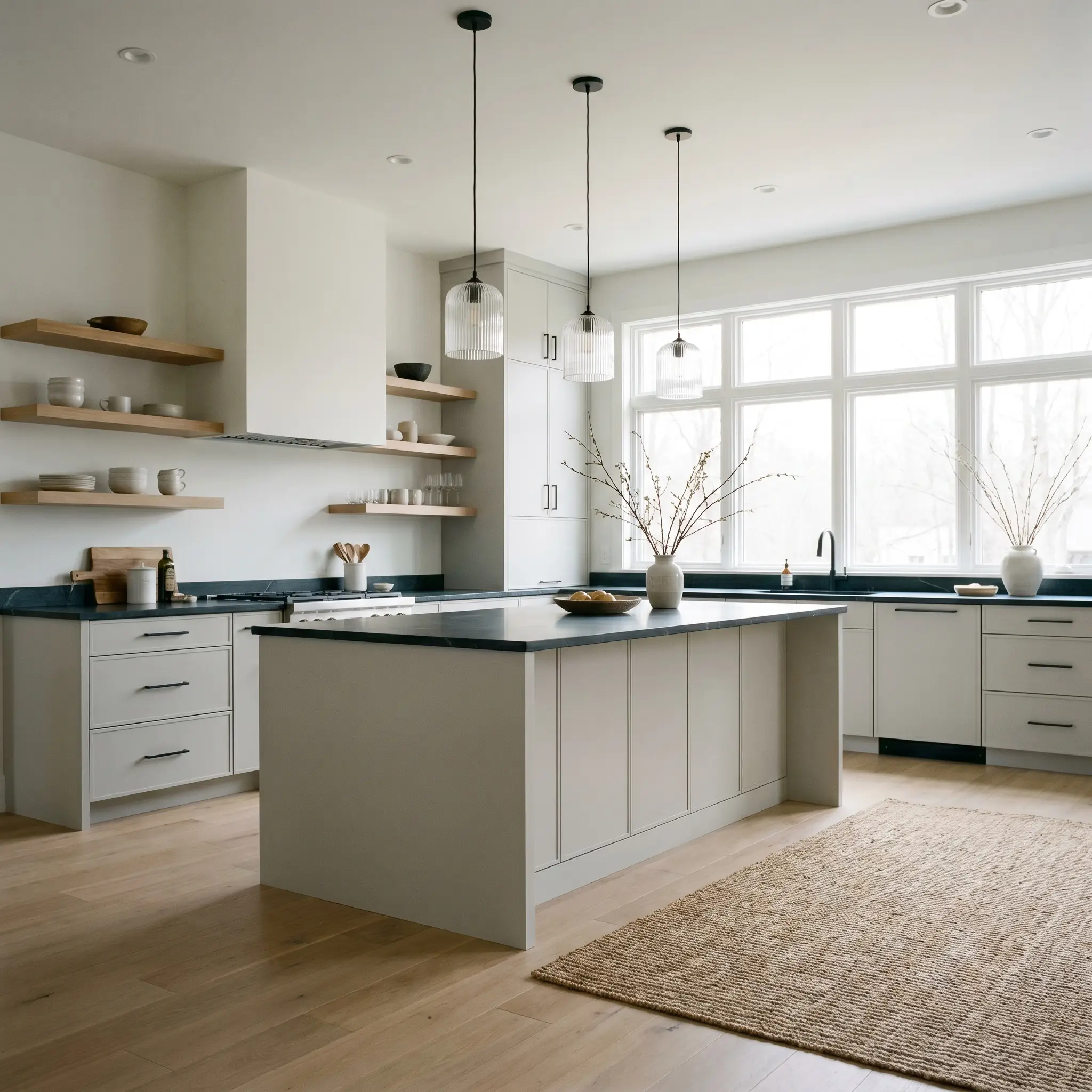 Flat-panel cabinetry painted in Sherwin-Williams Passive (Hex #CBCCC9) pairs with honed soapstone countertops, floating white oak shelves, and fluted glass pendants in a minimalist kitchen.