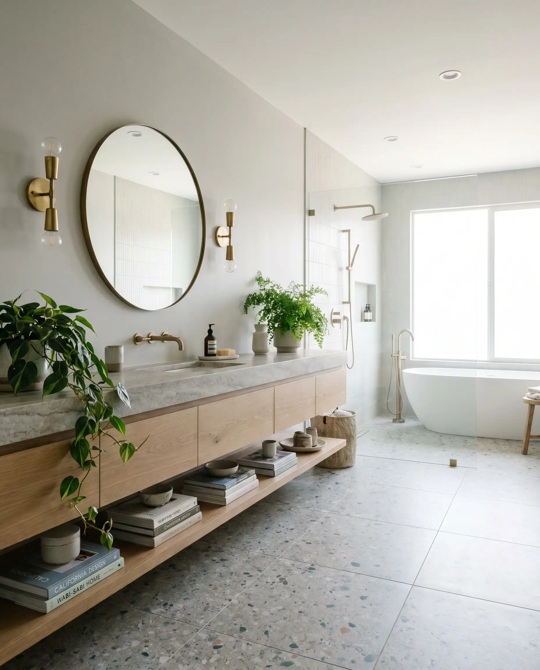 A floating white oak vanity and terrazzo floor tiles anchor a spa-like bathroom enveloped by walls painted in Sherwin-Williams Passive (Hex #CBCCC9).