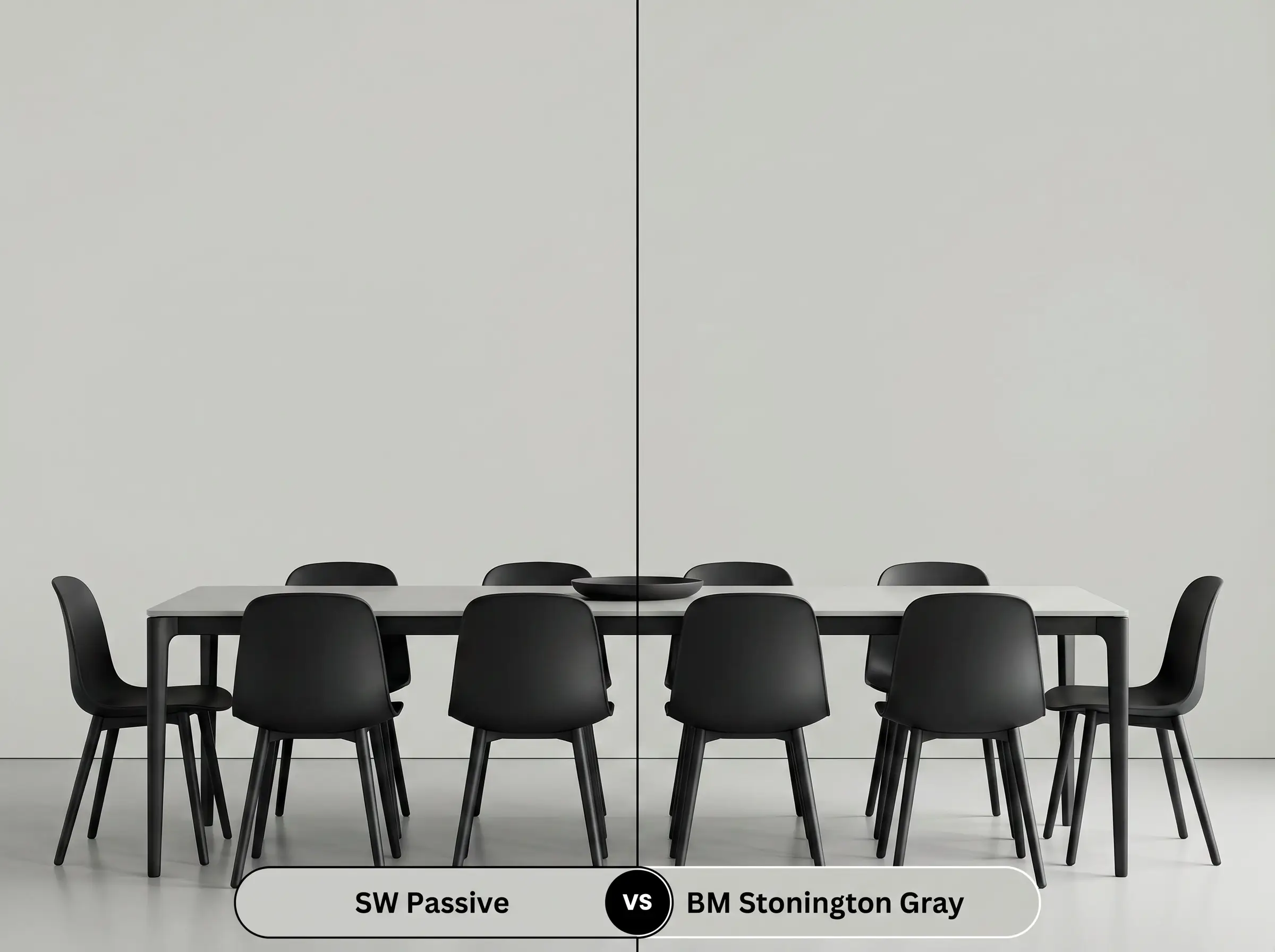 A side-by-side split-screen comparison of Sherwin-Williams Passive on the left and Benjamin Moore Stonington Gray on the right, shown in a modern dining space.