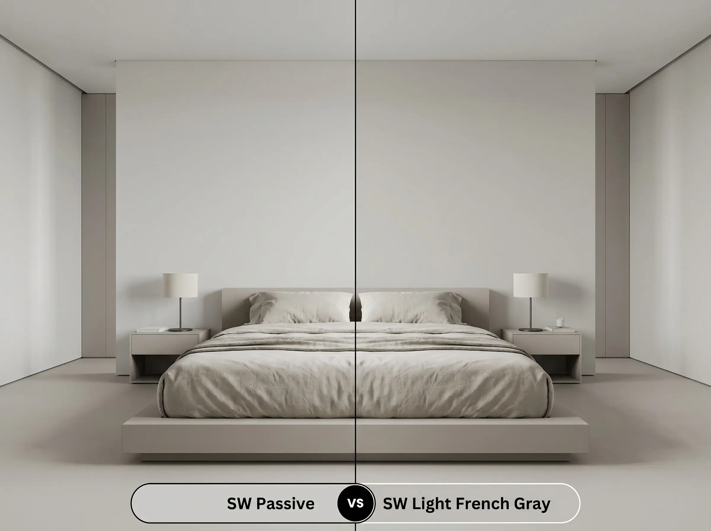 A side-by-side split-screen comparison of Sherwin-Williams Passive on the left and Sherwin-Williams Light French Gray on the right, shown in an expansive bedroom.
