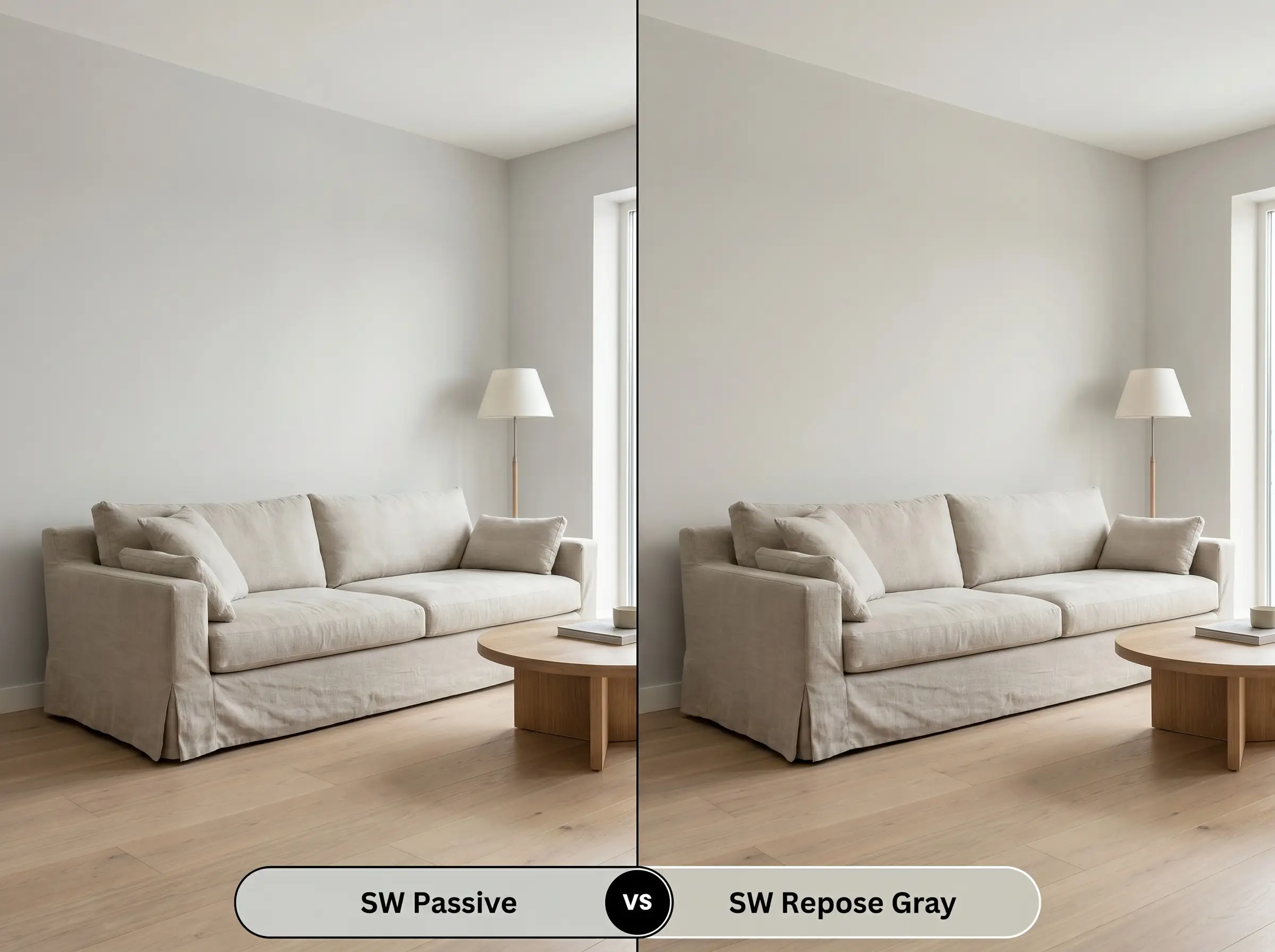 A side-by-side split-screen comparison of Sherwin-Williams Passive on the left and Sherwin-Williams Repose Gray on the right, shown in a minimalist living room.