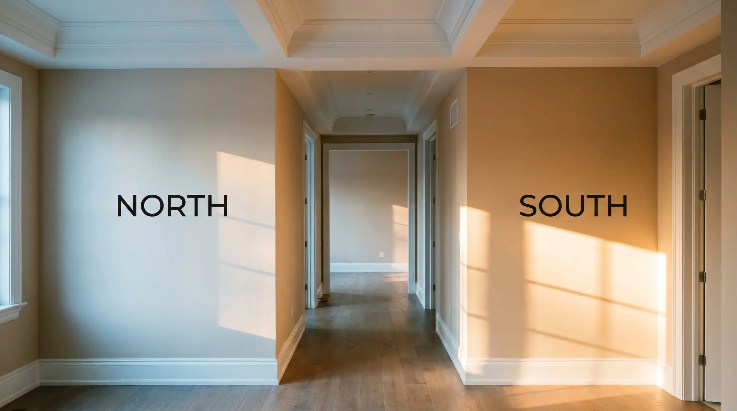 An empty transitional hallway demonstrates ambient lighting shifts on Sherwin-Williams Quinoa (Hex #CFB597), shifting from cool North-facing shadow casting to warm South-facing light washout.