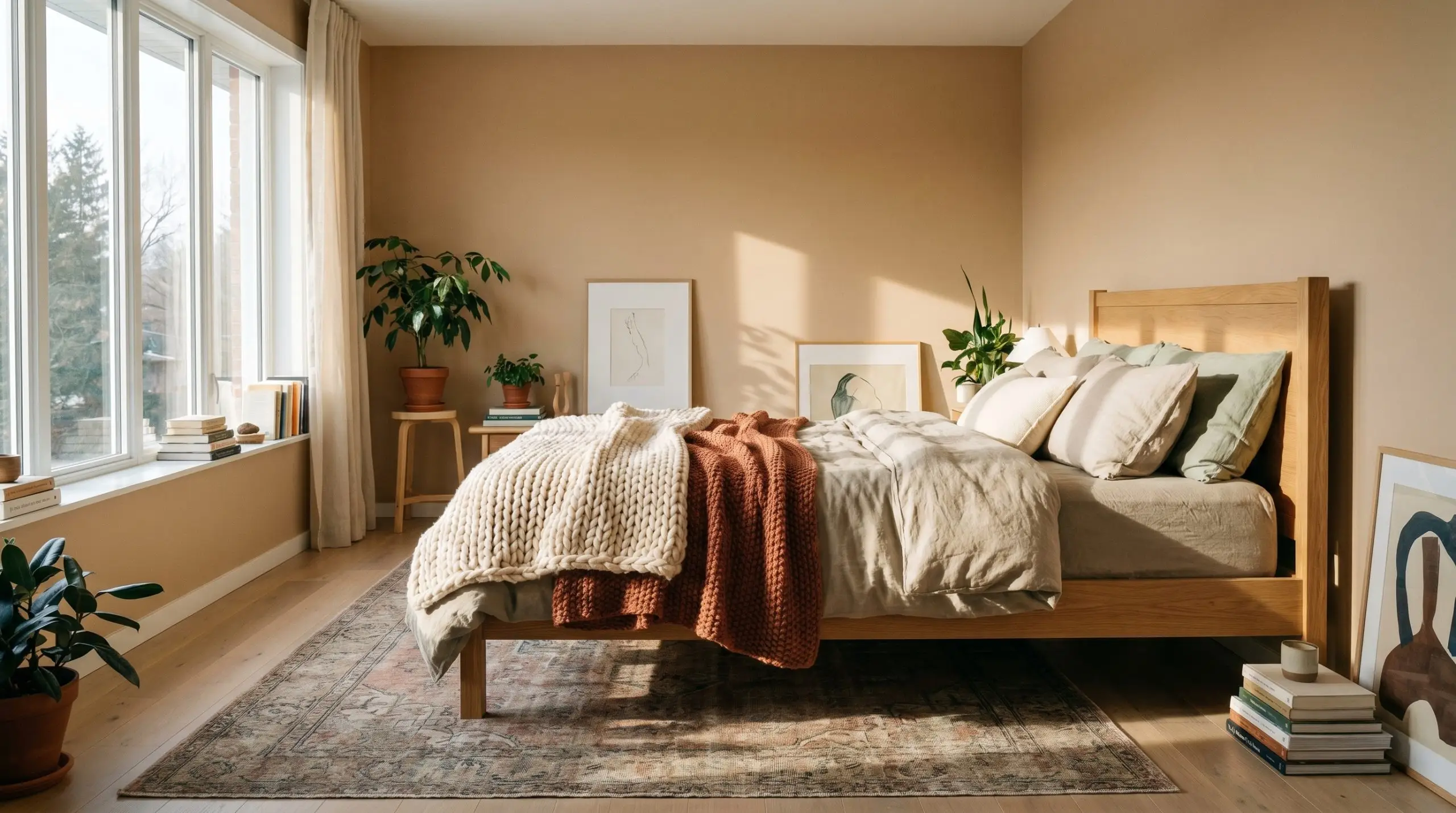 A simple oak bed frame layered with stonewashed cotton bedding centers a serene Scandinavian bedroom painted in Sherwin-Williams Quinoa (Hex #CFB597).
