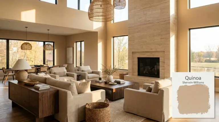 An open-concept living space painted in Sherwin-Williams Quinoa (Hex #CFB597) features smoked walnut furniture, an oversized linen sofa, and a tumbled travertine fireplace.
