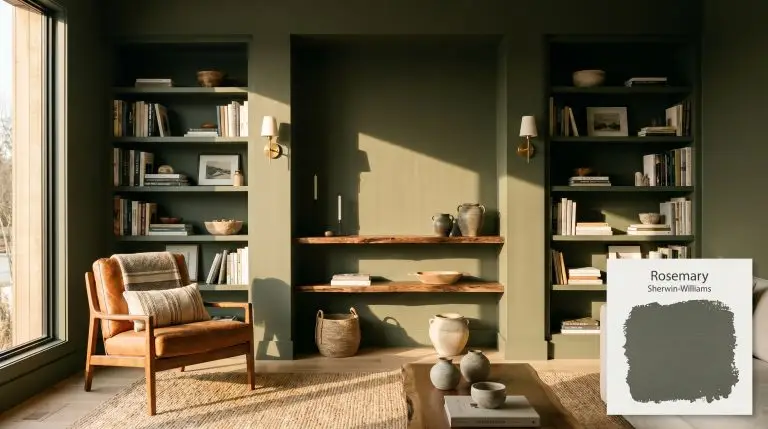 Custom built-in bookcases and walls painted in Sherwin-Williams Rosemary (Hex #64695C) anchor an organic modern living room featuring a saddle leather accent chair and raw walnut shelves.