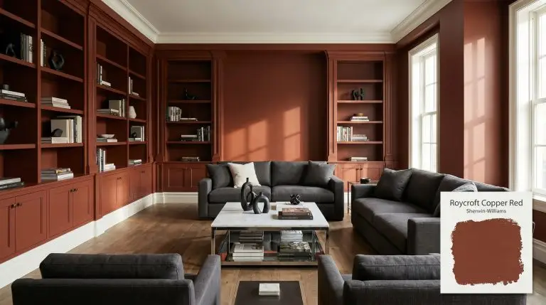 Expansive built-in bookcases and walls painted in Sherwin-Williams Roycroft Copper Red (Hex #7B3728) surround a polished chrome coffee table and charcoal linen seating.