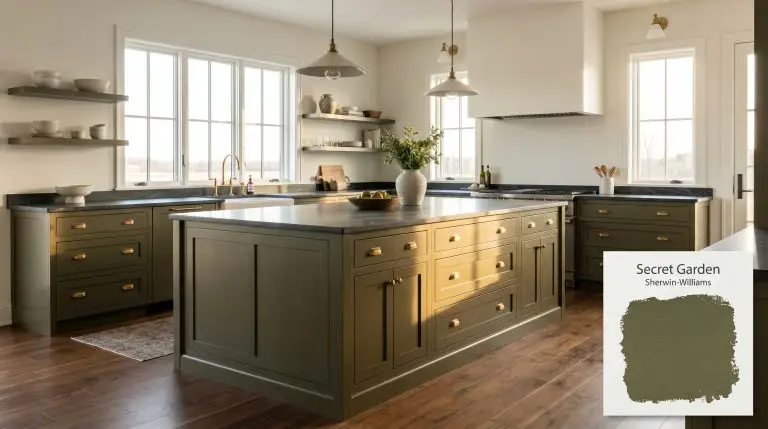 A massive central island and lower cabinetry painted in Sherwin-Williams Secret Garden (Hex #4F523A) anchor an English farmhouse kitchen featuring honed soapstone countertops and unlacquered brass bin pulls.