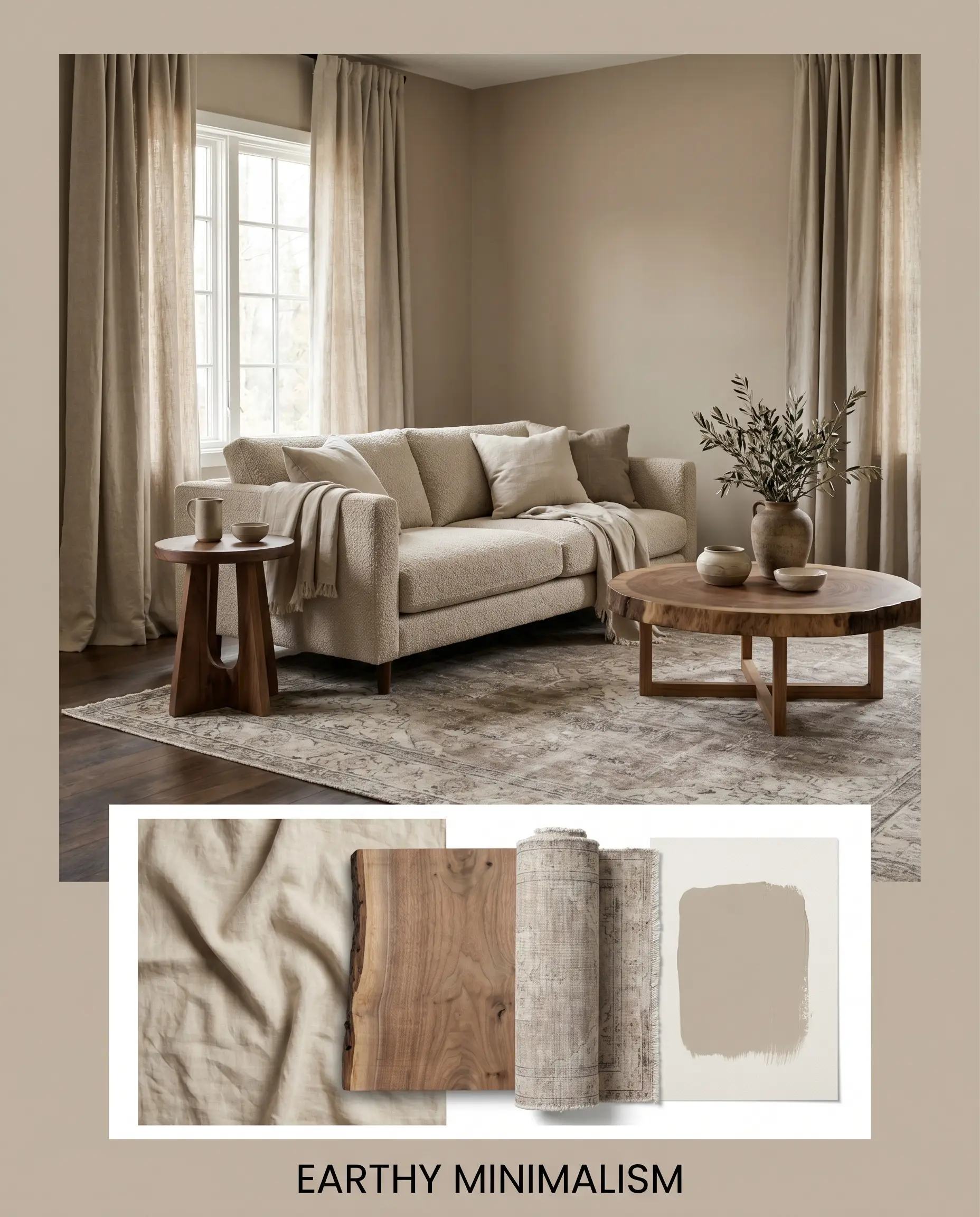 An editorial concept board pairs a living room painted in Sherwin-Williams Studio Beige (Hex #C1B2A1) with a flat-lay of unbleached linen, raw walnut, and a matching paint swatch.