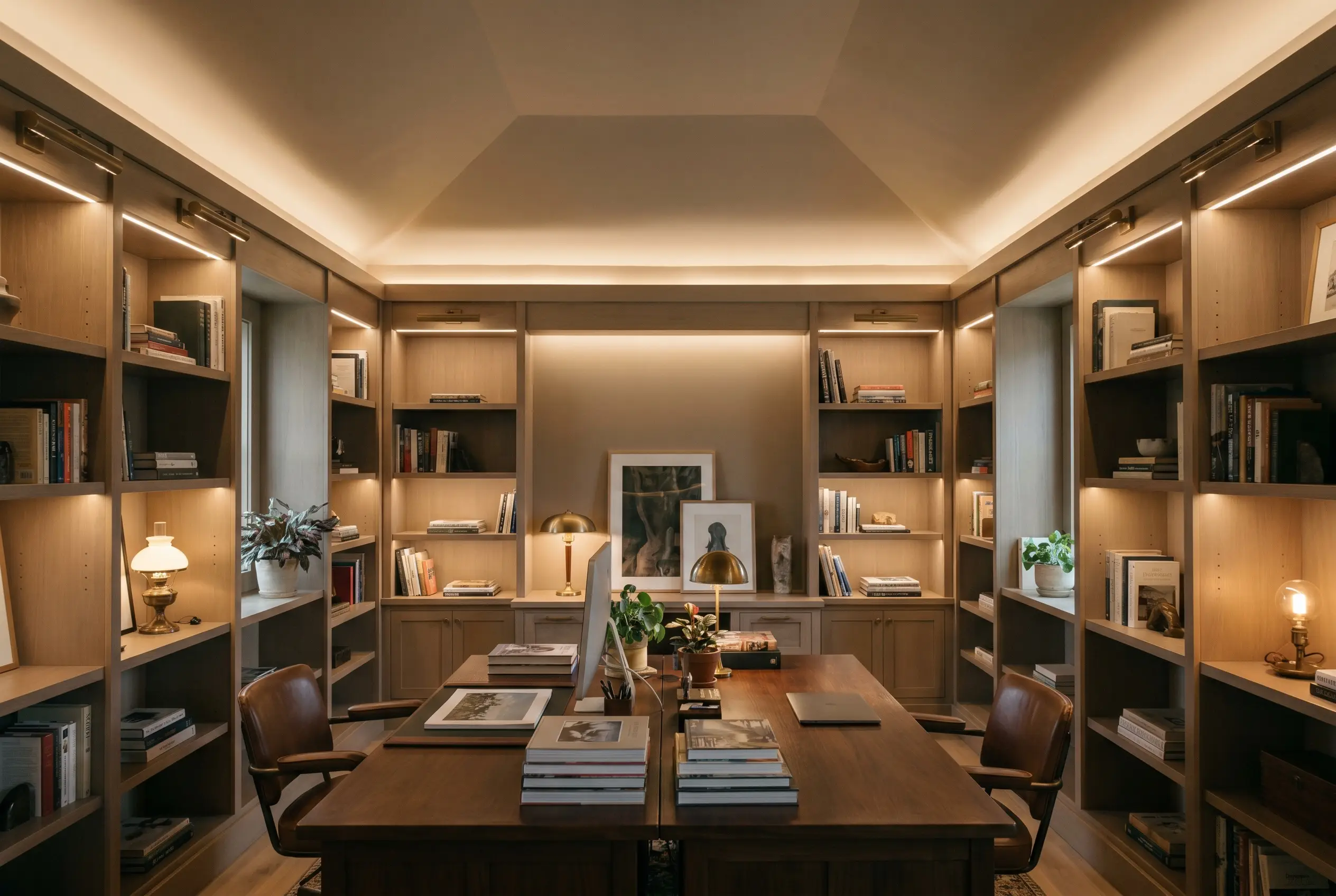 A seamless envelope of earthy taupe covers the walls, ceiling, and built-in shelving of a deeply enveloping home office library.