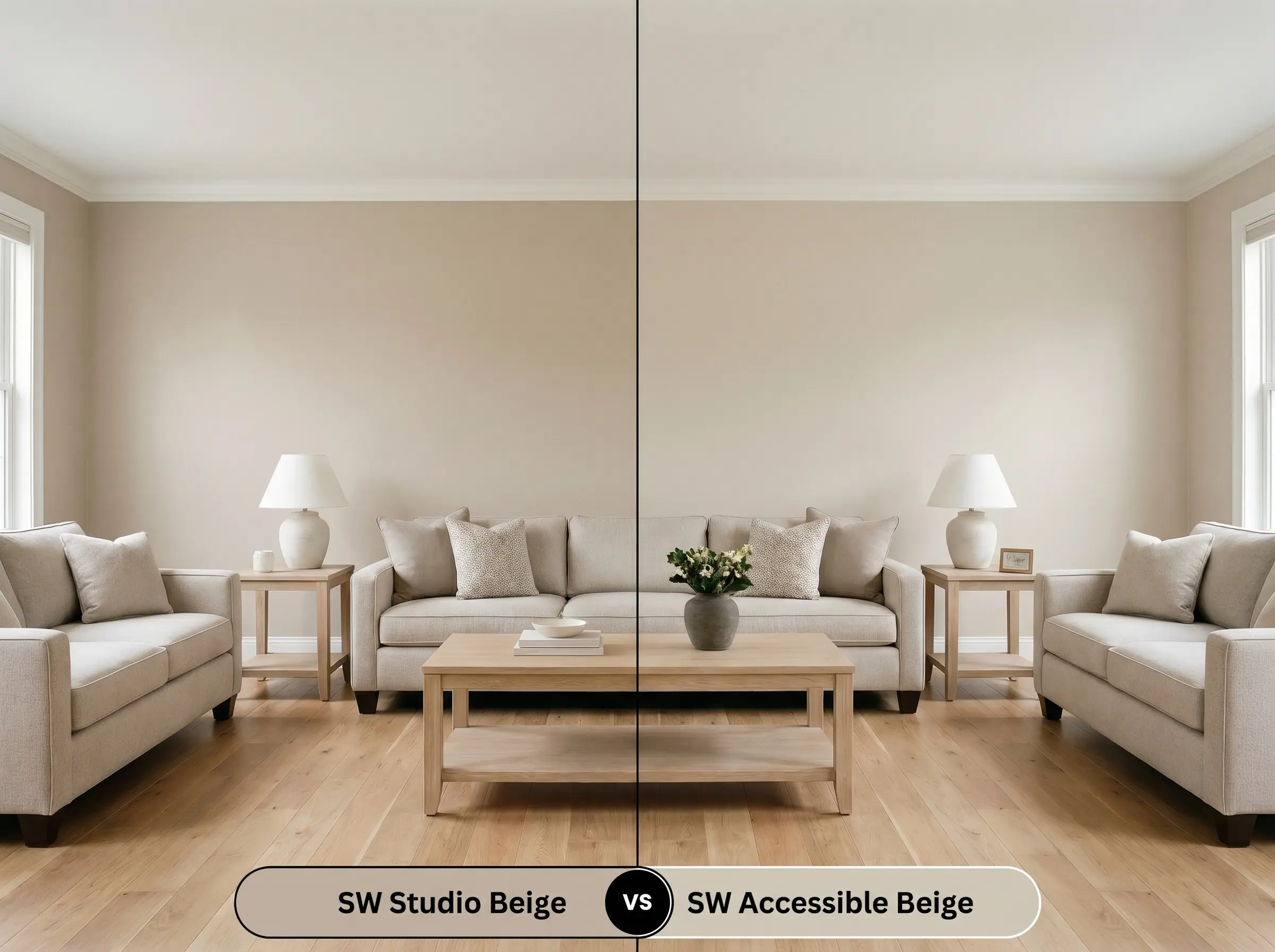 A side-by-side split-screen comparison of Sherwin-Williams Studio Beige on the left and Sherwin-Williams Accessible Beige on the right, shown in a symmetrical transitional living room with natural wood flooring.