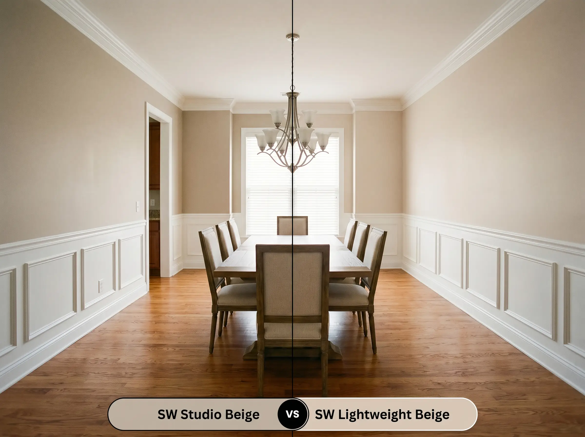 A side-by-side split-screen comparison of Sherwin-Williams Studio Beige on the left and Sherwin-Williams Lightweight Beige on the right, shown in a traditional dining room featuring warm red oak floors and classic wainscoting.