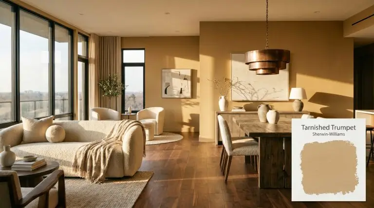 A transitional open-plan living room features walls painted in Sherwin-Williams Tarnished Trumpet (Hex #D5B176), a plush nubby bouclé sofa, and an aged copper chandelier.