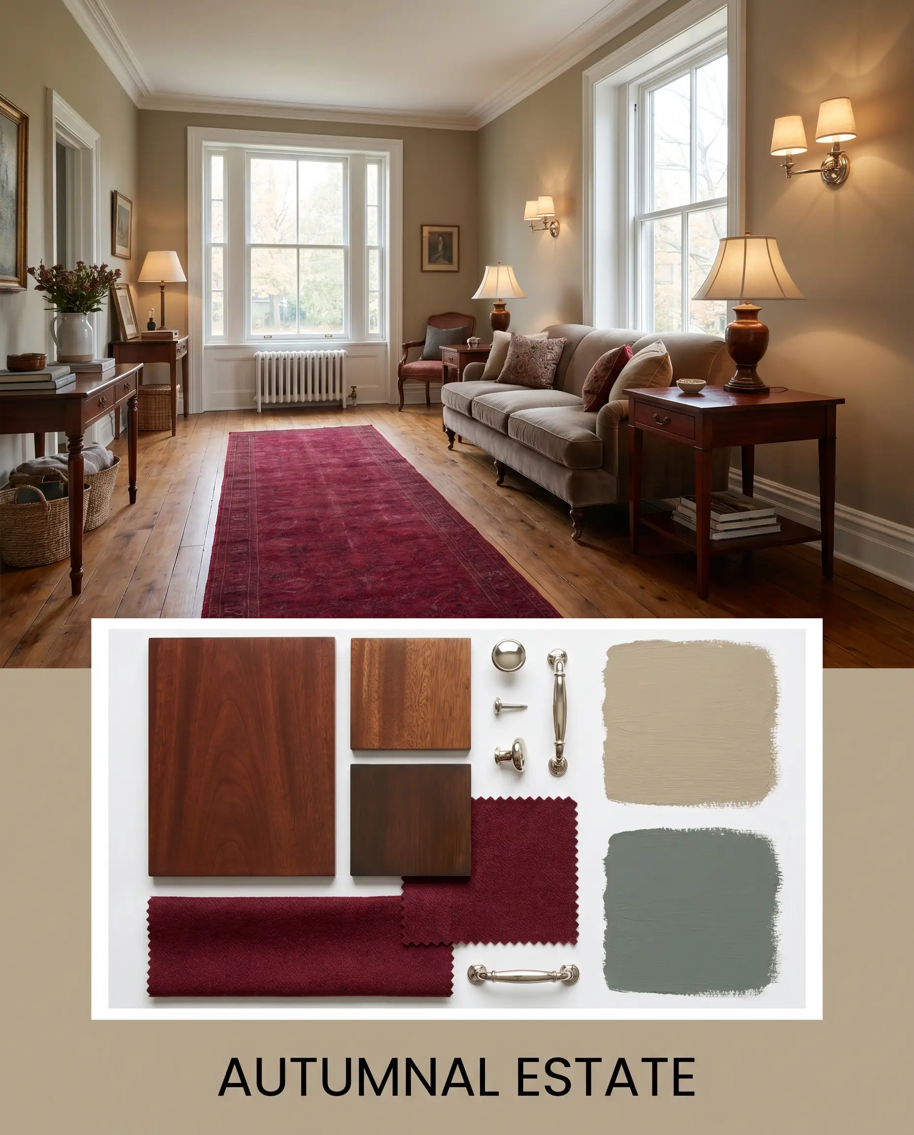 An autumnal estate mood board showcases Sherwin-Williams Universal Khaki (Hex #B8A992) paired with rich mahogany wood samples, deep crimson wool textiles, and polished nickel hardware.