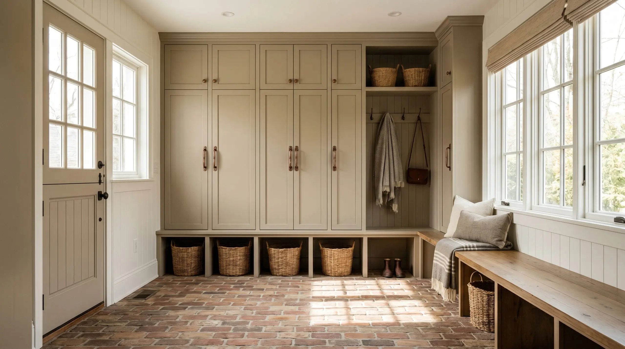 Custom built-in mudroom lockers finished in an earthy green-taupe feature heavy, aged copper hardware and sit above warm brick flooring in an English country layout.