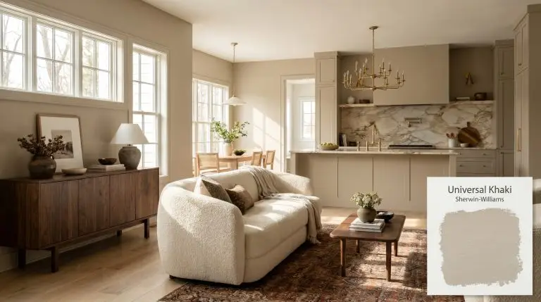 An open-concept living room and kitchen painted in Sherwin-Williams Universal Khaki (Hex #B8A992) features a cream bouclé sofa, a dark walnut credenza, and a heavily veined marble backsplash.