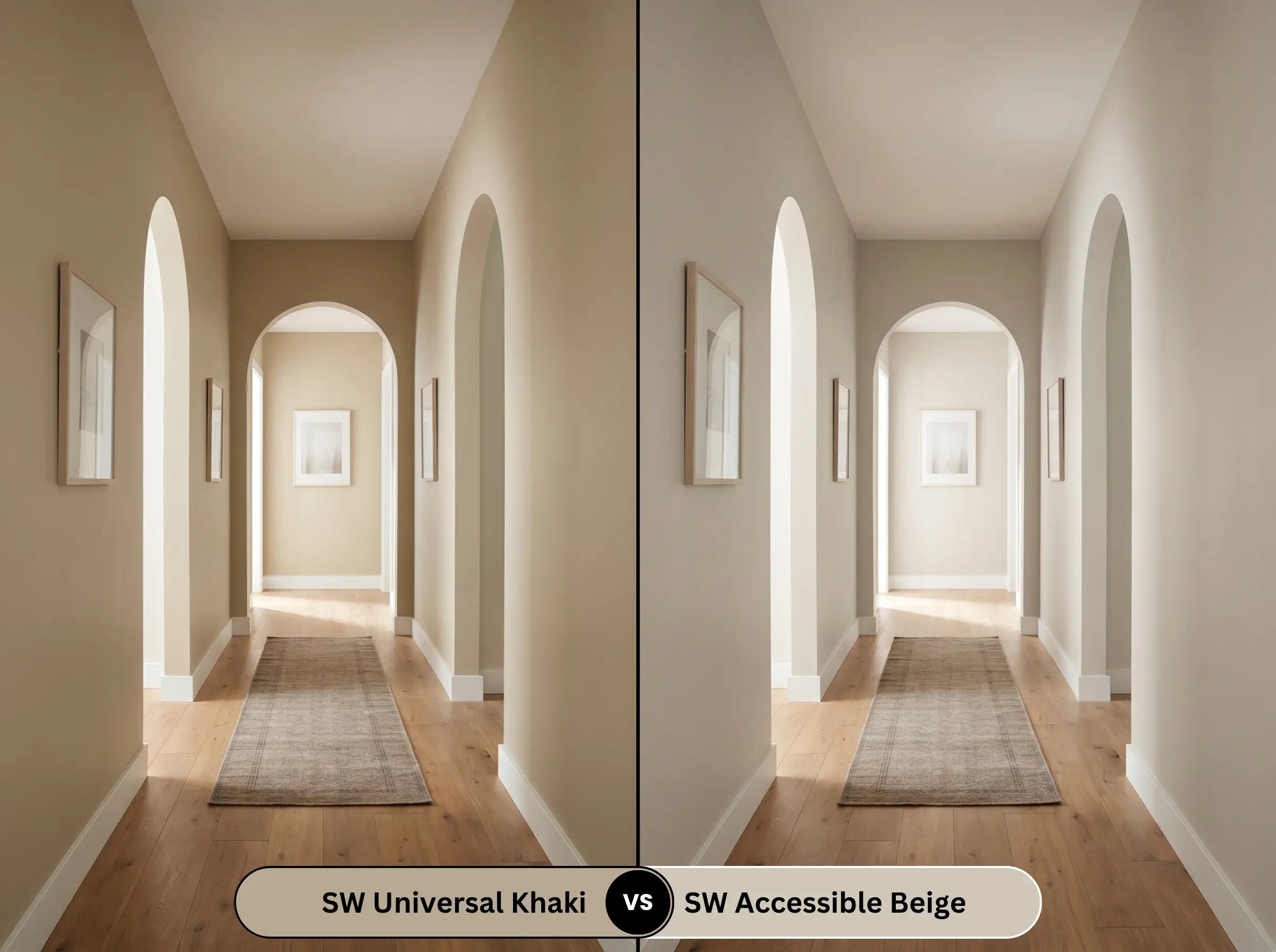 A side-by-side split-screen comparison of Sherwin-Williams Universal Khaki on the left and Sherwin-Williams Accessible Beige on the right, shown in a naturally lit transitional hallway with warm wood flooring.
