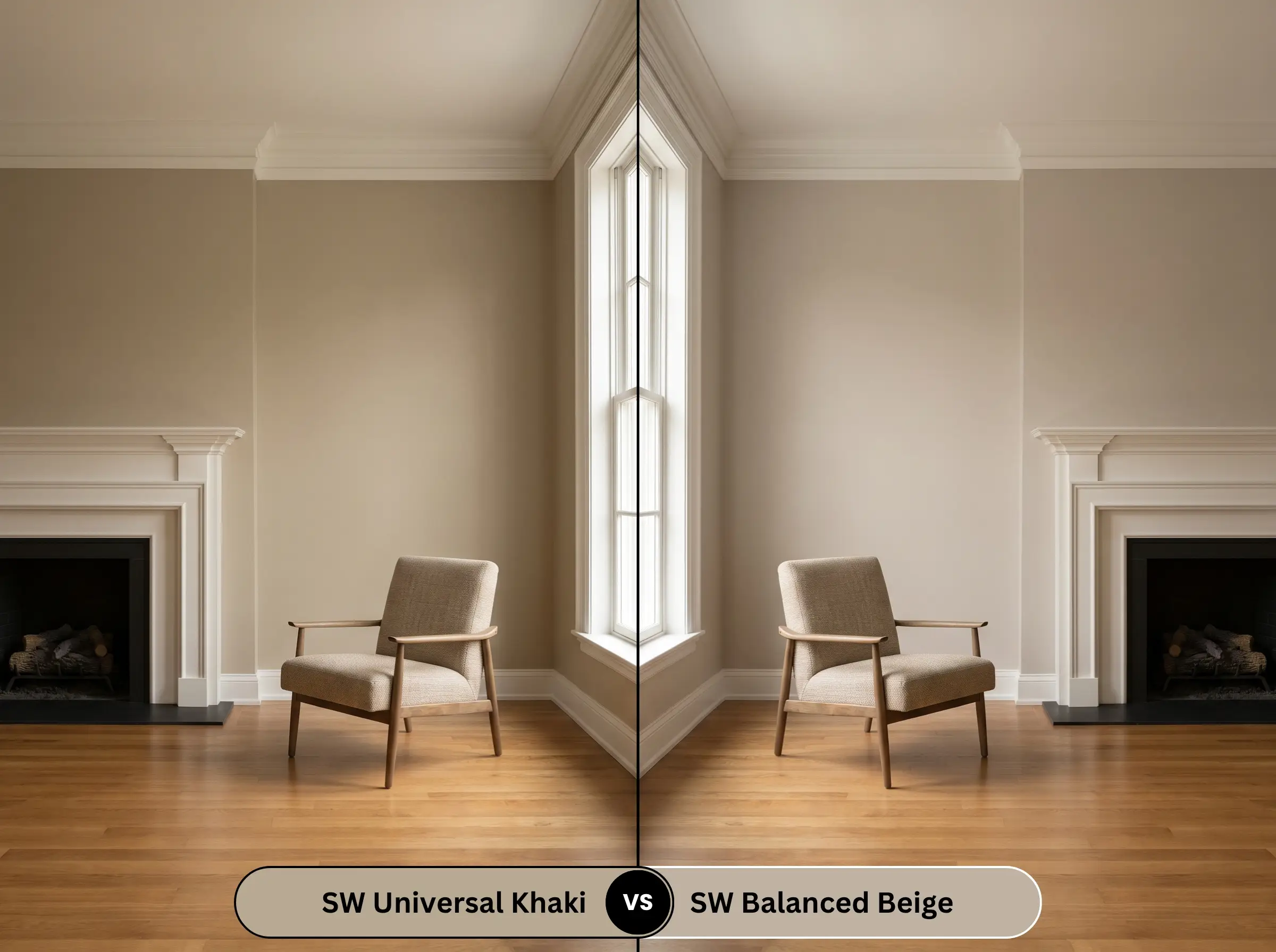 A side-by-side split-screen comparison of Sherwin-Williams Universal Khaki on the left and Sherwin-Williams Balanced Beige on the right, shown in a cozy living room featuring a classic fireplace mantel.