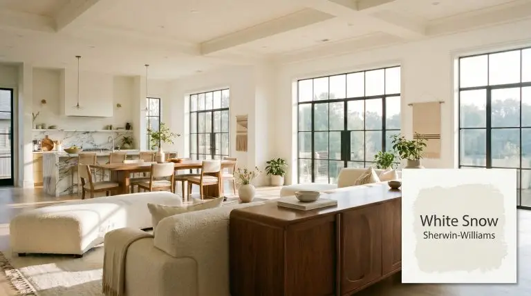 An expansive open-concept living area painted in Sherwin-Williams White Snow (Hex #F5F4EE) features a textured boucle sofa and Calacatta Viola marble kitchen island.