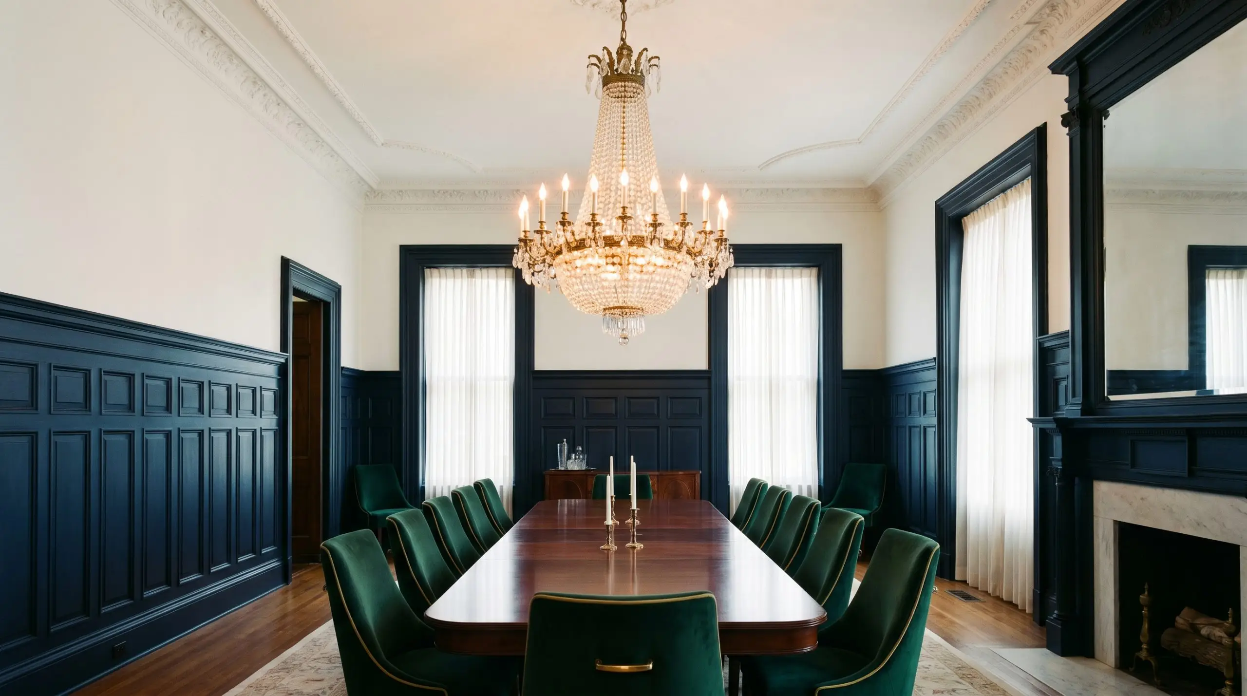 A grand mahogany table and velvet-upholstered seating sit beneath a central chandelier in a stately dining room featuring warm off-white upper walls and dark dramatic wainscoting.