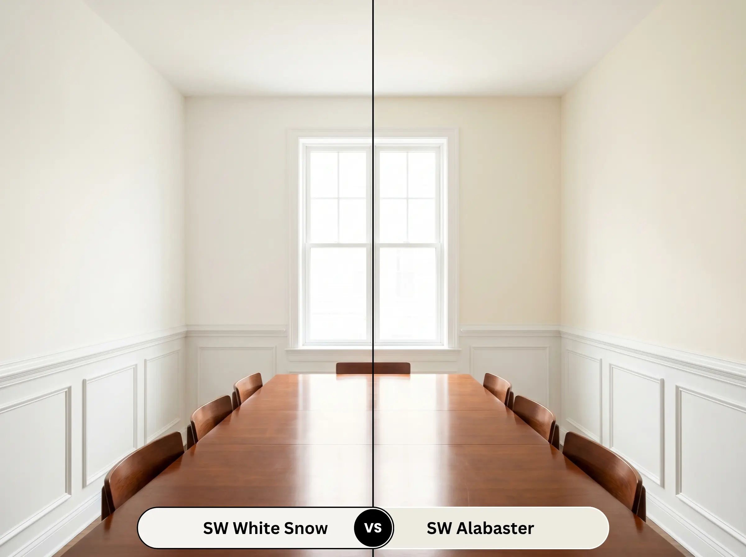 A side-by-side split-screen comparison of Sherwin-Williams White Snow on the left and Sherwin-Williams Alabaster on the right, shown in a sunlit dining room featuring a mahogany table and subtle wainscoting.