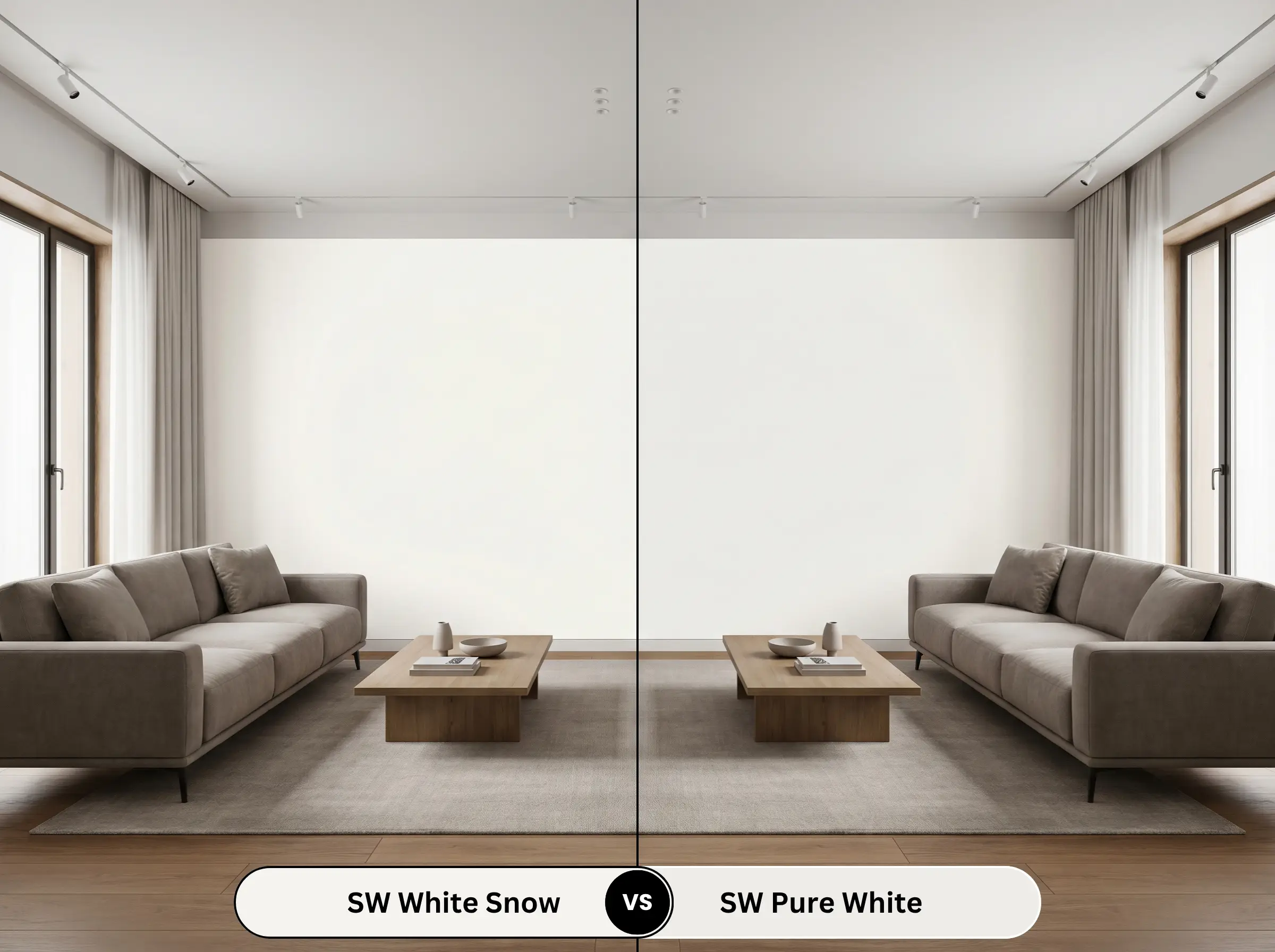 A side-by-side split-screen comparison of Sherwin-Williams White Snow on the left and Sherwin-Williams Pure White on the right, shown in a modern living room with warm wood floors and a contemporary sofa.