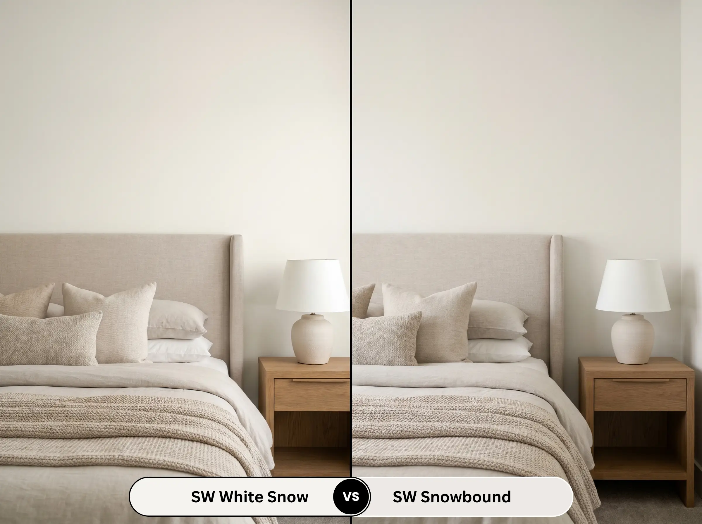A side-by-side split-screen comparison of Sherwin-Williams White Snow on the left and Sherwin-Williams Snowbound on the right, shown in a cozy bedroom with layered bedding and a tailored headboard.