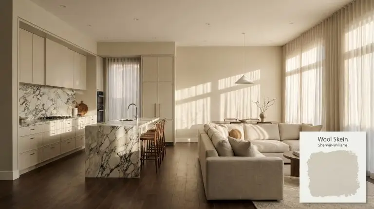 Expansive walls and custom cabinetry painted in Sherwin-Williams Wool Skein (Hex #D9CFBA) pair with heavily veined marble countertops and dark walnut flooring.