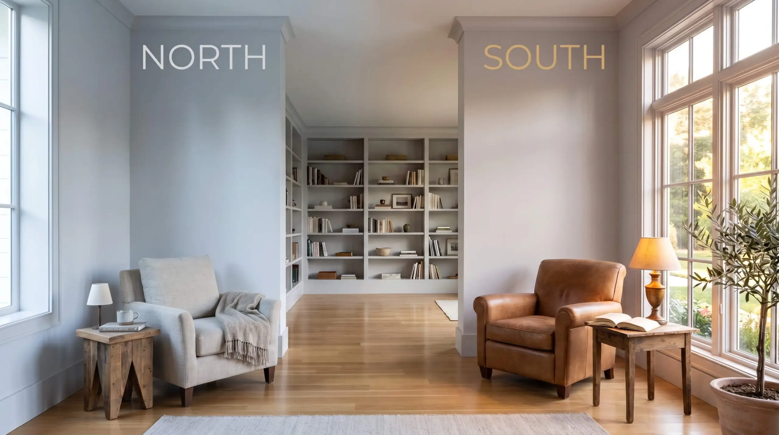 A minimalist reading room painted in PPG Silver Screen (Hex #e0dddd) demonstrates a chromatic shift, moving from crisp silvery gray in cool Northern light to a soft mauve cast in warm Southern exposure.