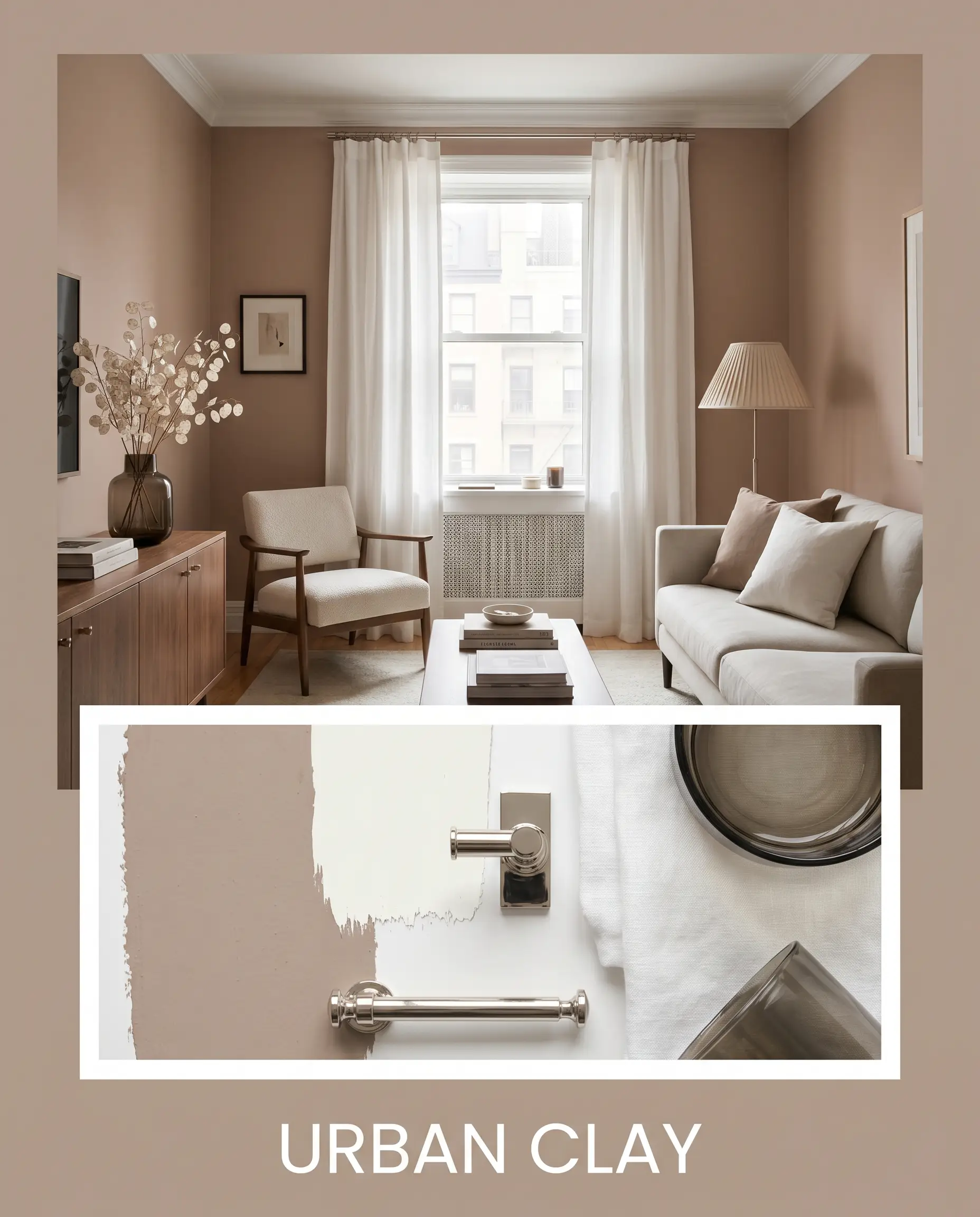 Polished nickel hardware, crisp white linen window treatments, and dried lunaria in a smoked glass vase complement a sleek transitional city apartment palette.