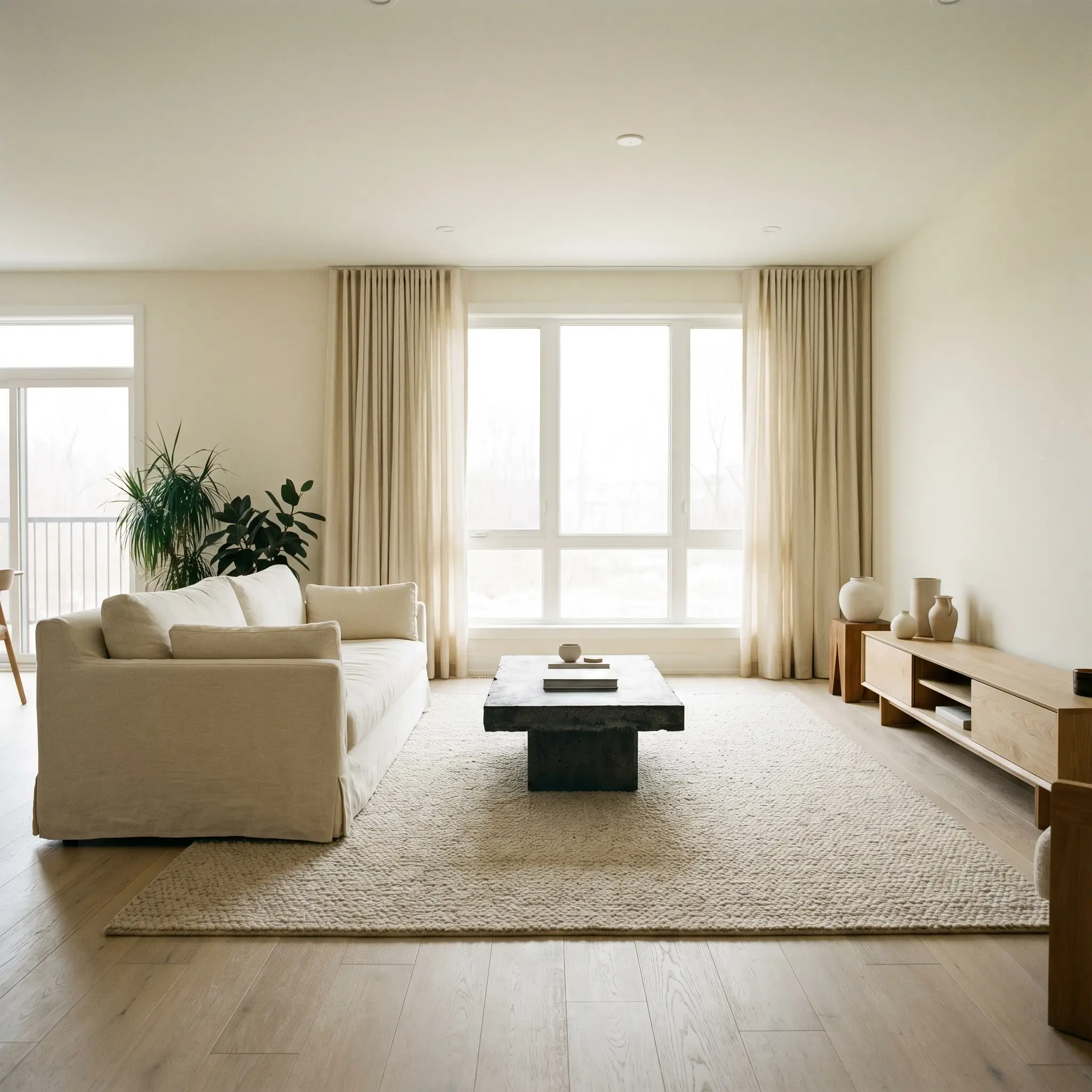 A massive textured bouclé rug and slipcovered linen sofa sit on bleached ash flooring surrounded by crisp winter white architectural finish walls.