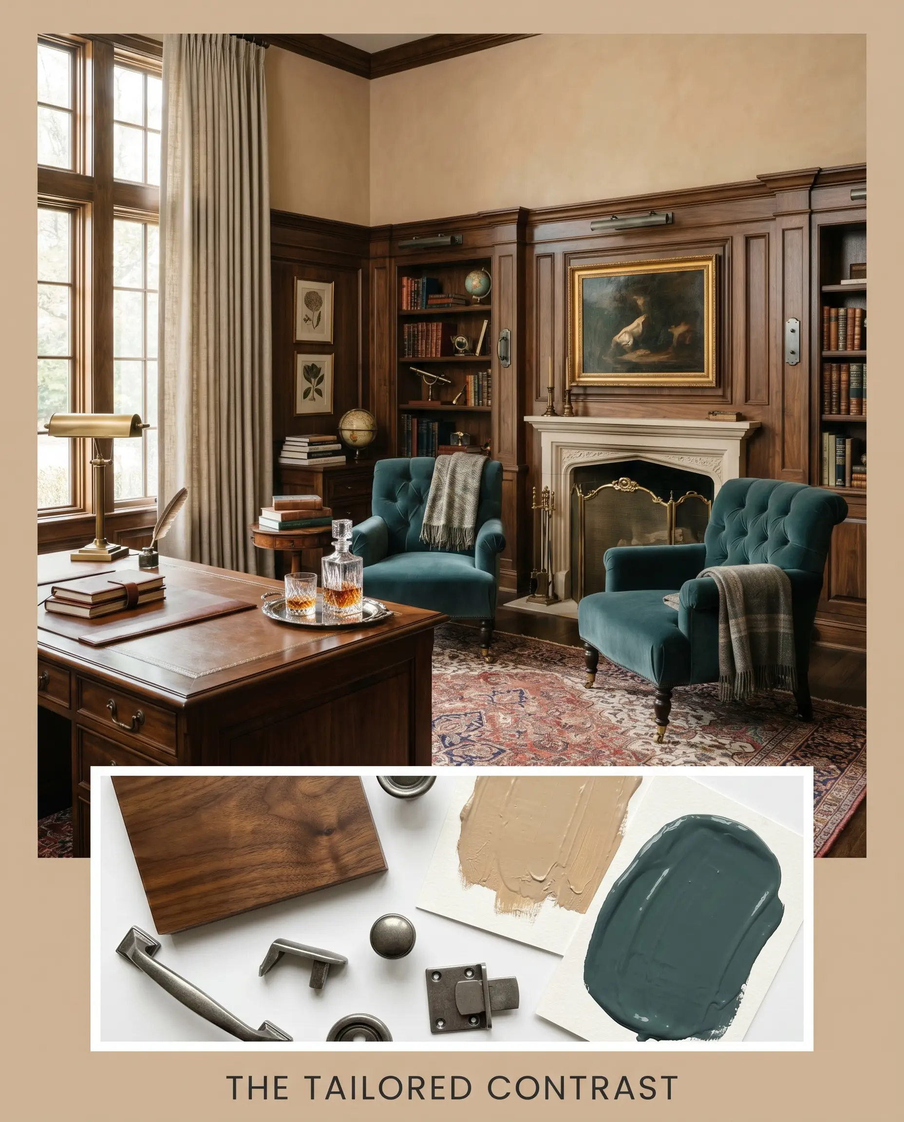 An elegant study showcasing smoked walnut paneling and velvet chairs sits above a flat-lay of aged pewter metal and warm neutral paint swatches.