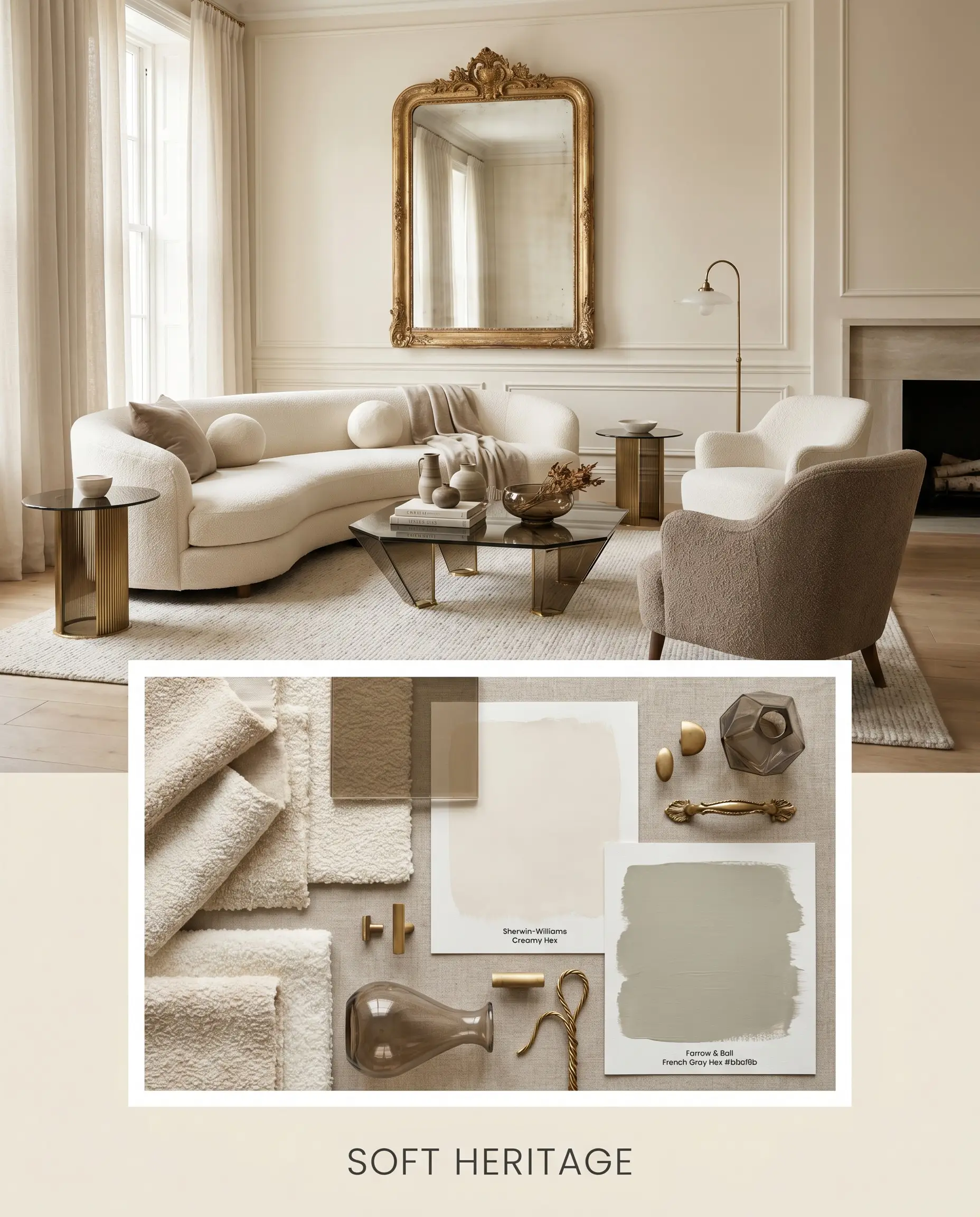 A curved ivory sofa and an antique gilt mirror highlight a refined heritage flat-lay showcasing bouclé fabric, smoked glass, and soft neutral tones.