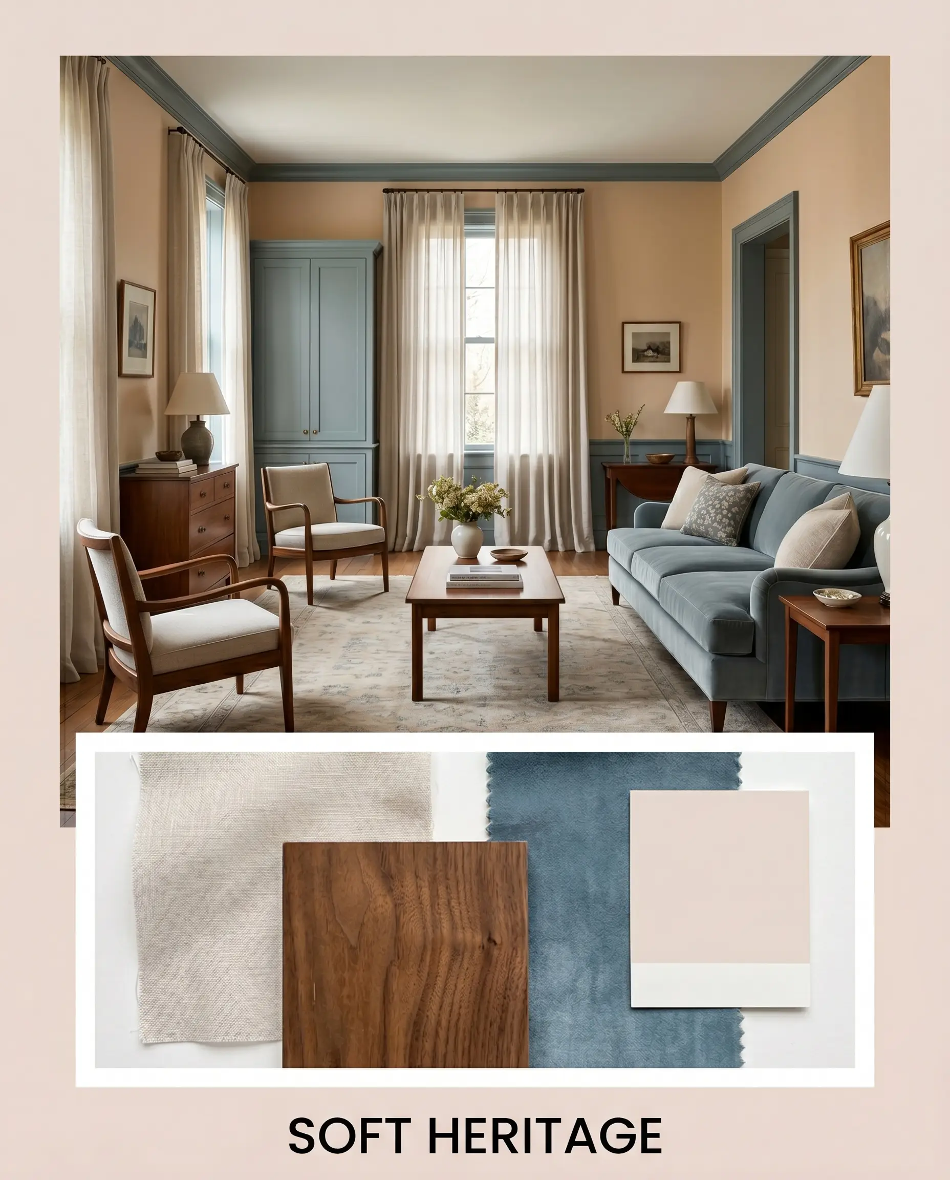 A tailored traditional living room concept board features warm sun-baked beige walls paired with sheer linen fabric, vintage walnut wood, and blue velvet textiles.