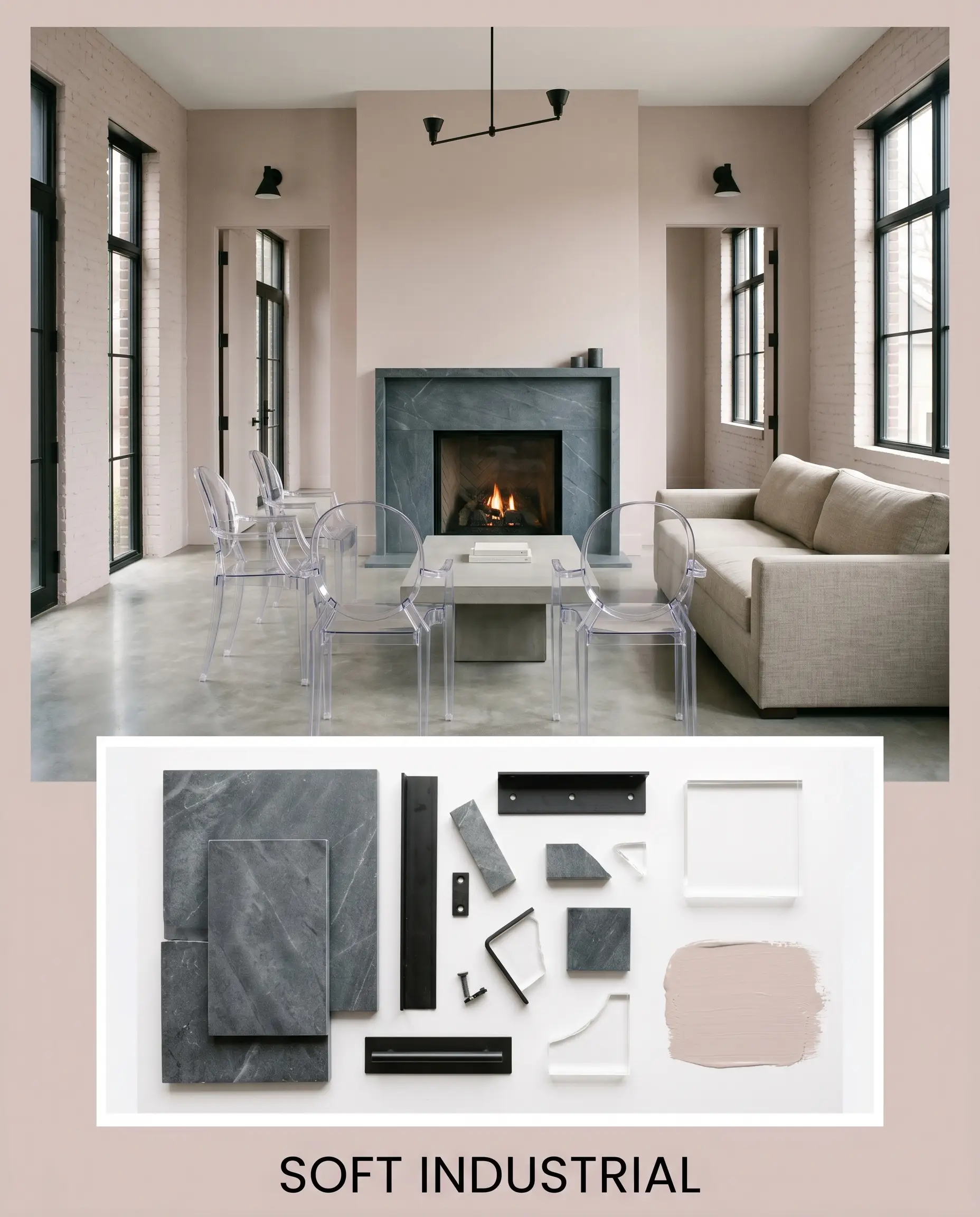 A honed soapstone fireplace surround and acrylic ghost chairs anchor a soft industrial room shot paired with matte black steel and grey-based blush material samples.